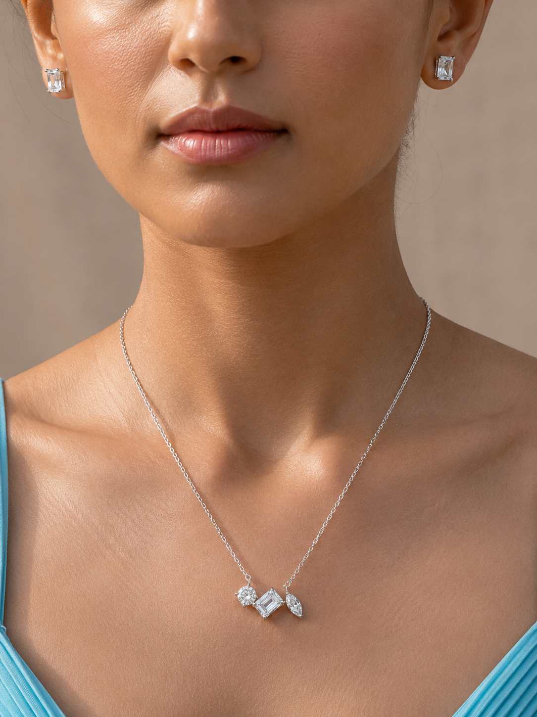 Three-Stone Mixed-Cut Diamond-Style Necklace with Emerald-Cut Stud Earrings | Round, Baguette &amp; Marquise Pendant Set