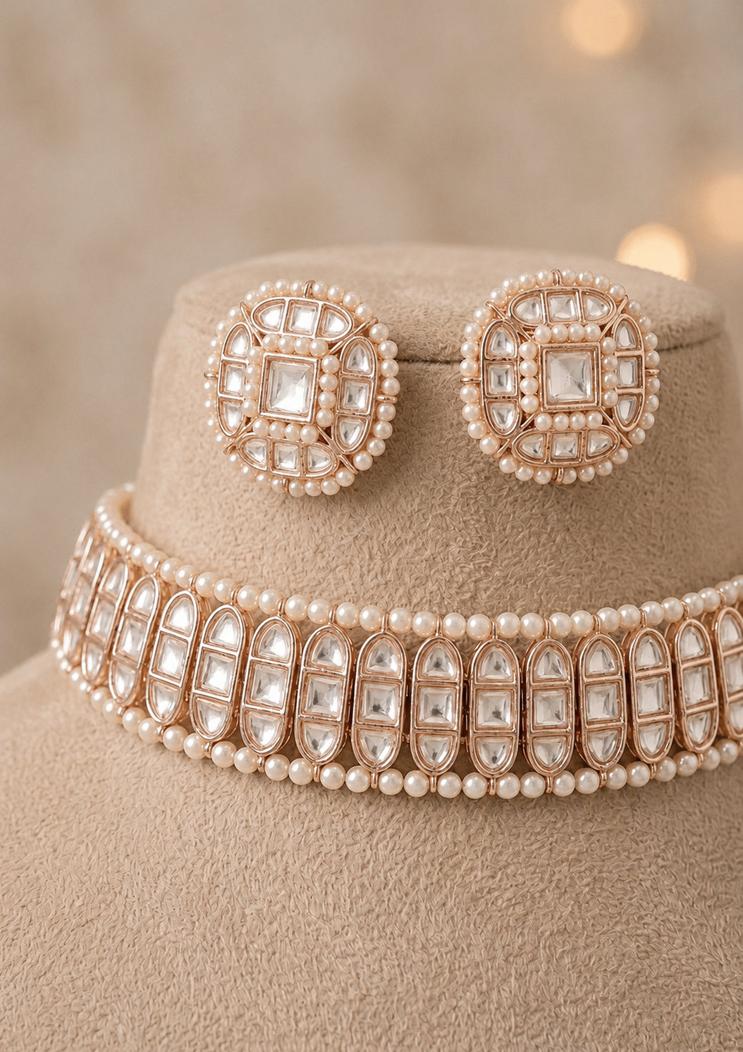 Rose Gold Kundan-Studded Pearl Choker Set
