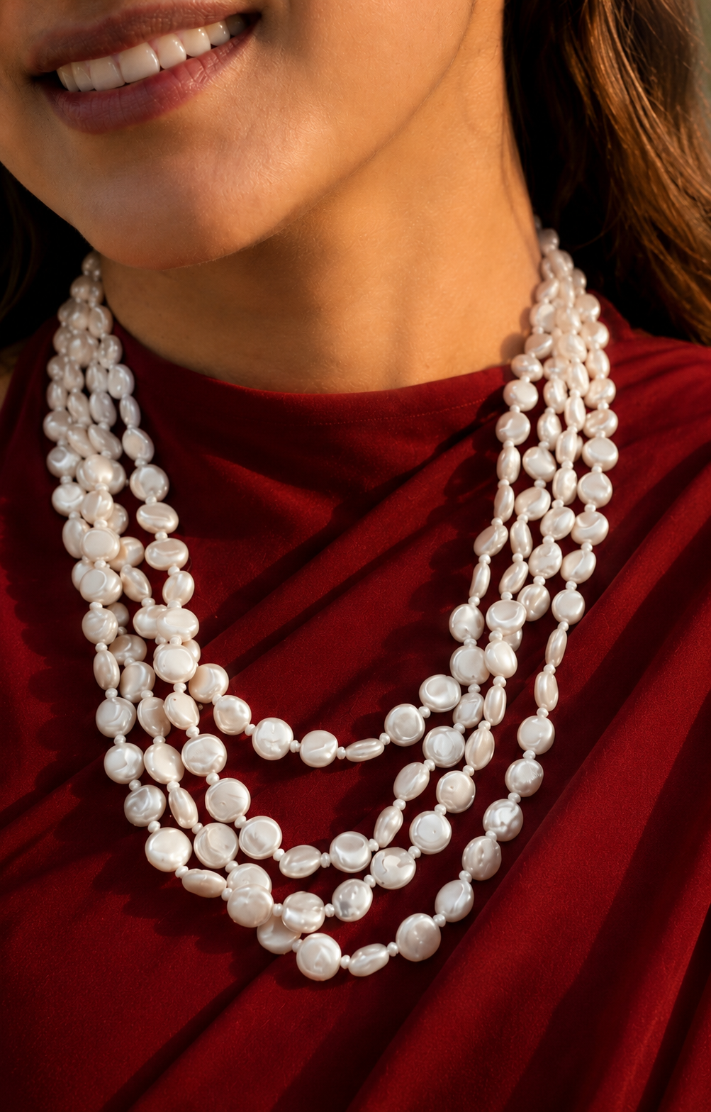 Four Layer Coin Pearl Mala Necklace | Statement Multi-Strand Pearl Necklace for Festive &amp; Ethnic Wear