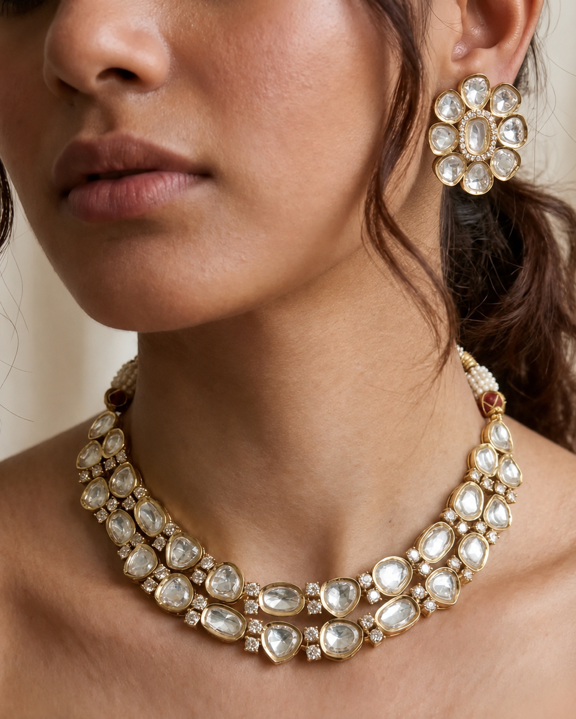 Gold Floral Earring & Double-Layer Necklace Set with Clear Gemstones