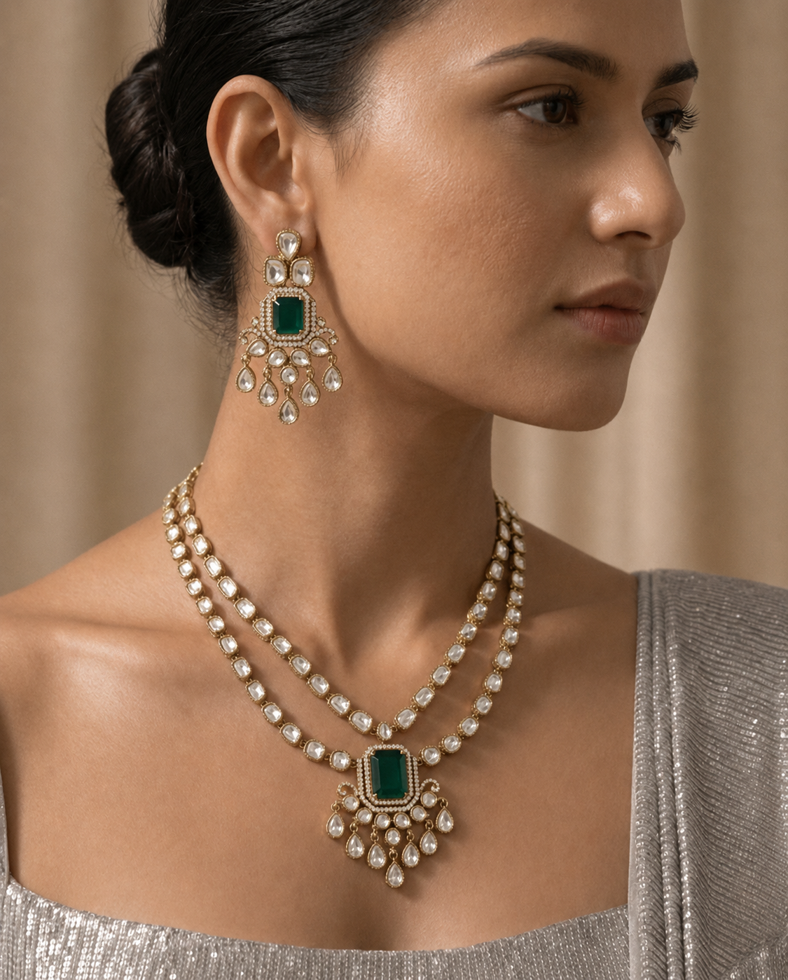 Moissanite Polki Studded Double Layer Emerald Necklace Set