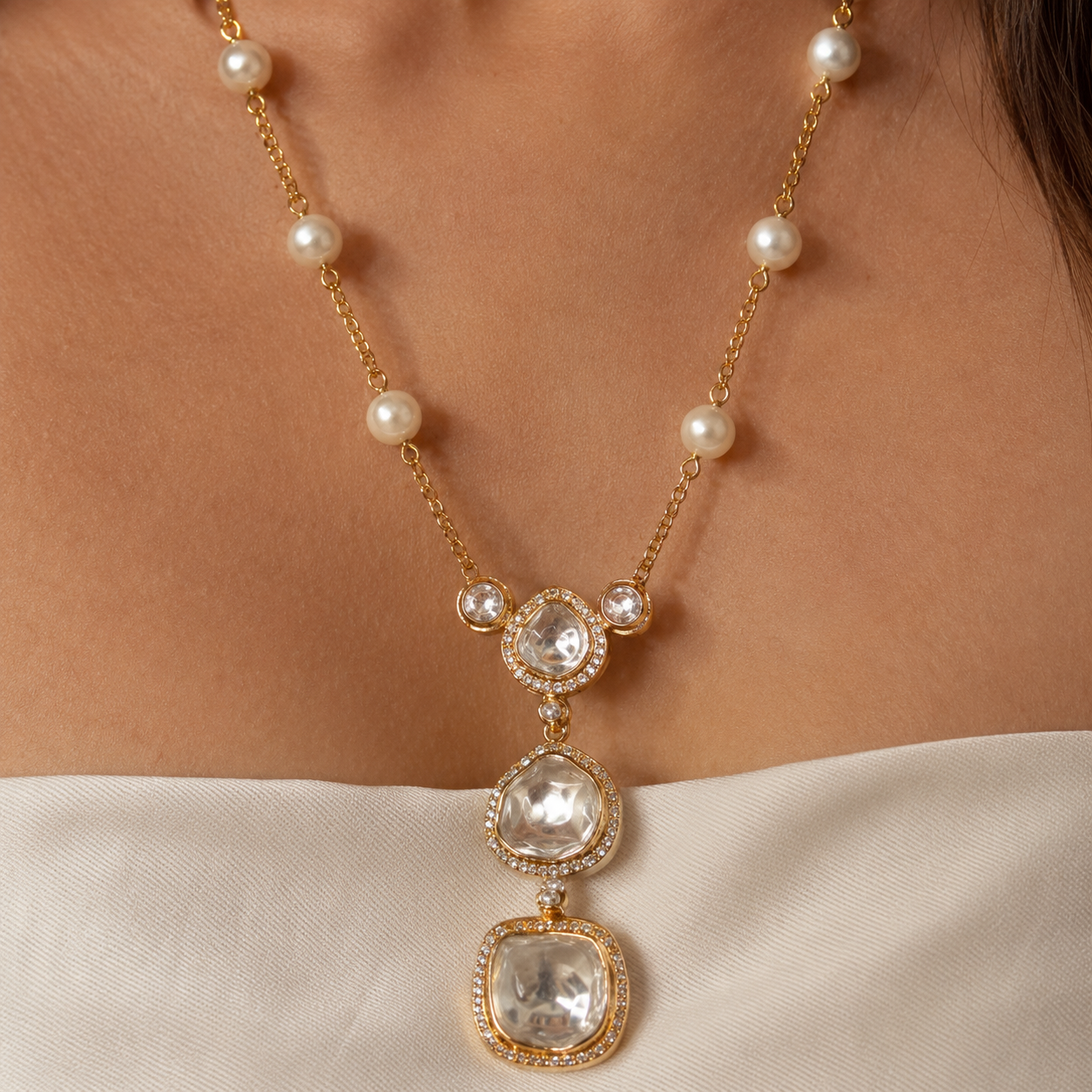 Elegant Gold and Pearl Long Necklace Set with Clear Stones