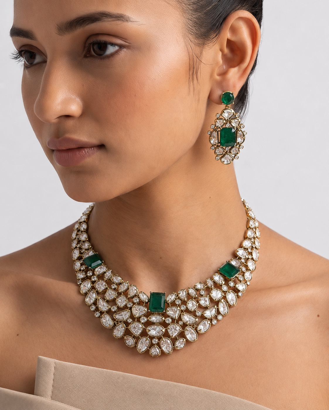 22K Mehendi Gold Plated Antique Polki Diamond Choker Necklace Set with Emerald Accents | Heritage Bridal &amp; Statement Jewellery with Matching Earrings