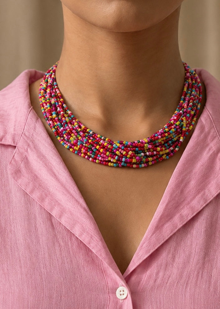 Multistrand Kaleidoscope Beaded Necklace – Handcrafted Festive Statement