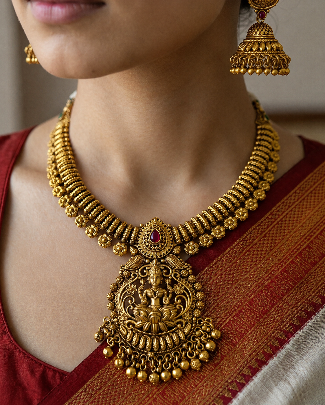 Gold Plated Handcrafted Regal Laxmi Motif Choker Set