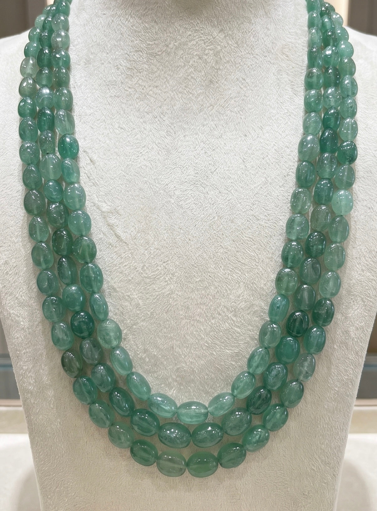 Triple-Strand Mint Green Jade Bead Necklace | Layered Oval Gemstone Necklace