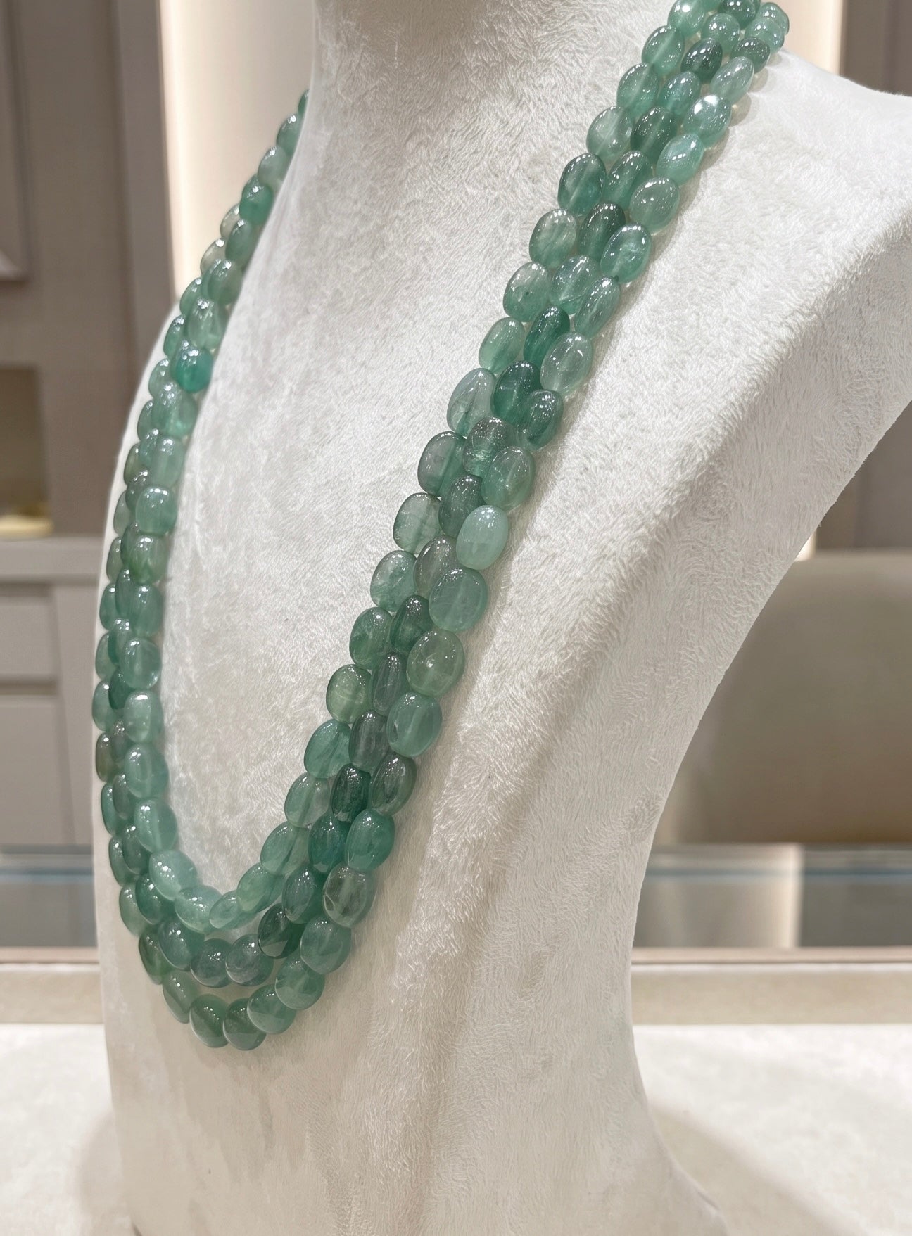 Triple-Strand Mint Green Jade Bead Necklace | Layered Oval Gemstone Necklace