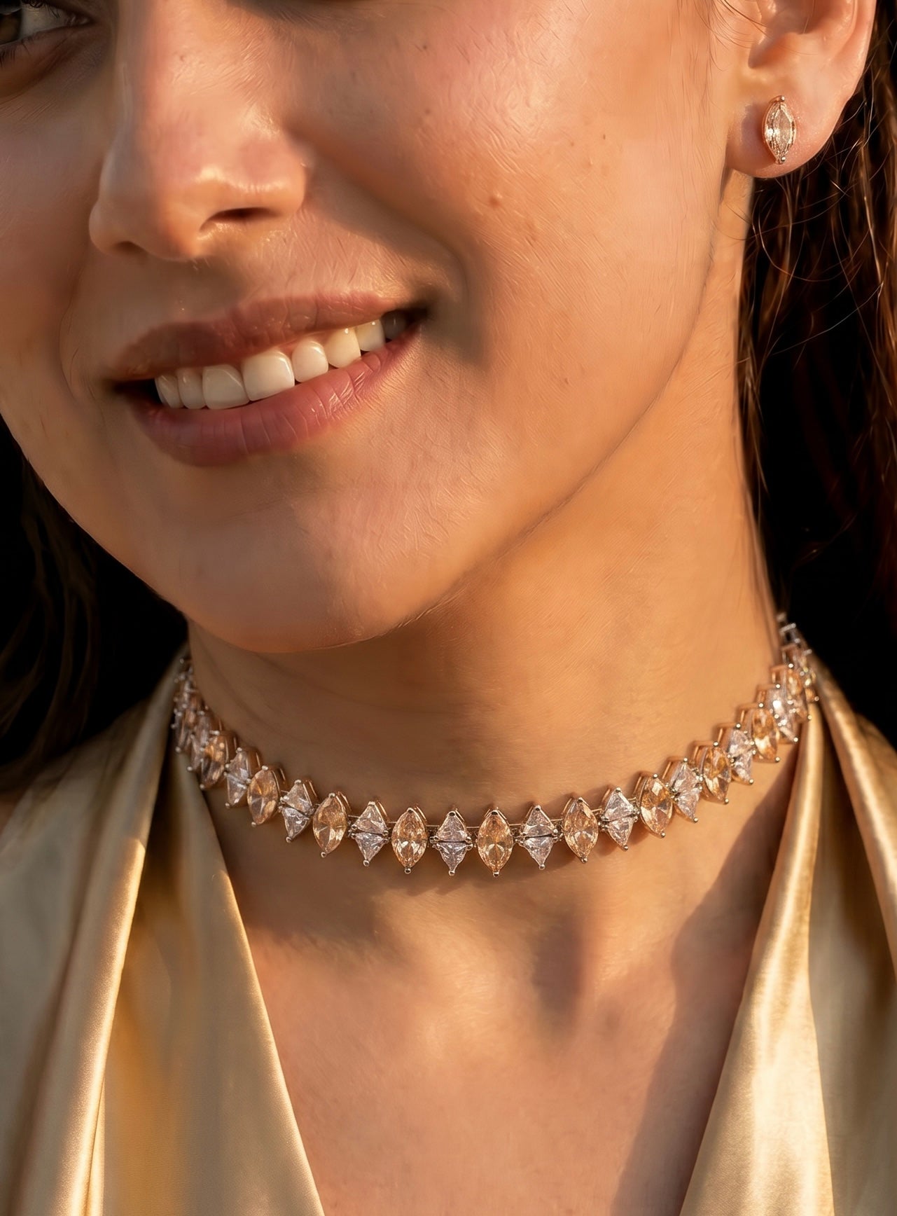 Saanjh Champagne & Clear Stone Choker Necklace | Marquise-Cut Statement Collar