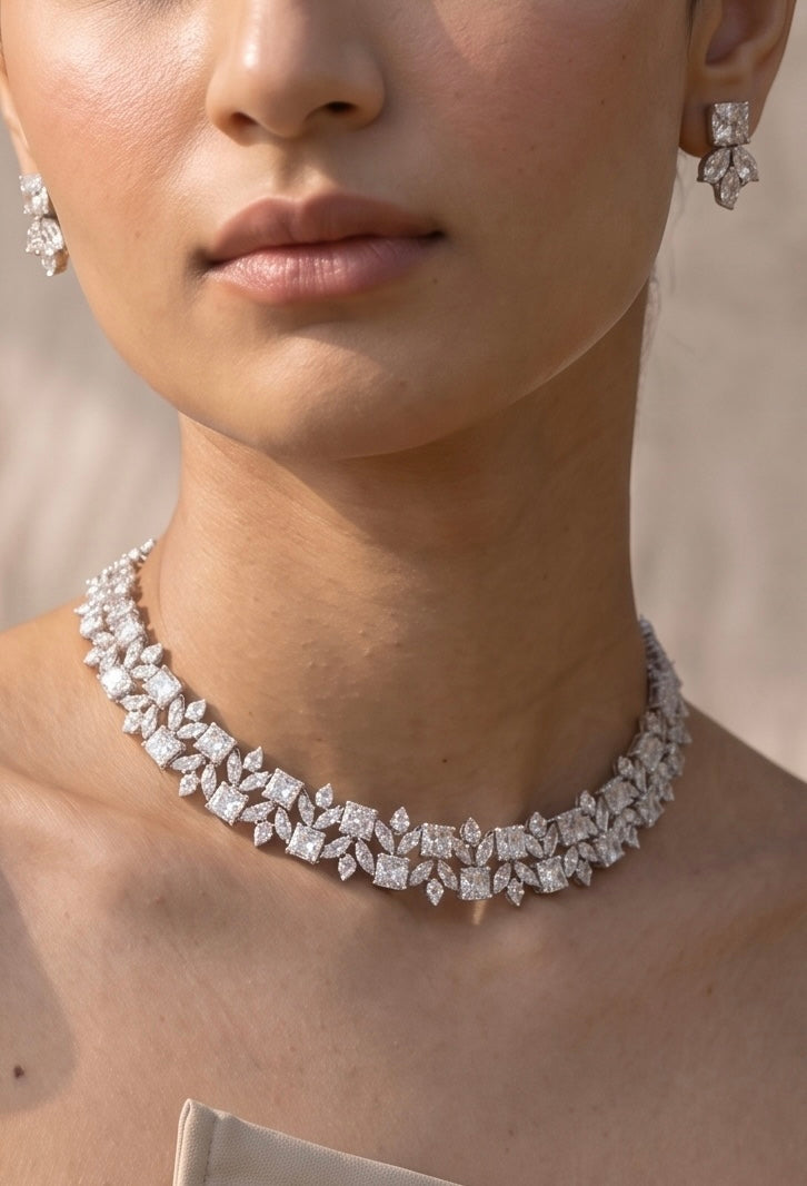 Marquise &amp; Emerald-Cut Diamond Cluster Necklace &amp; Earring Set