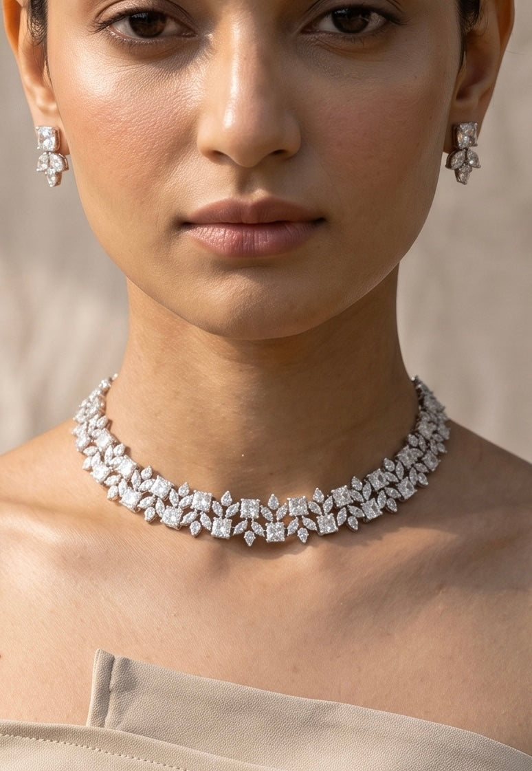 Marquise &amp; Emerald-Cut Diamond Cluster Necklace &amp; Earring Set