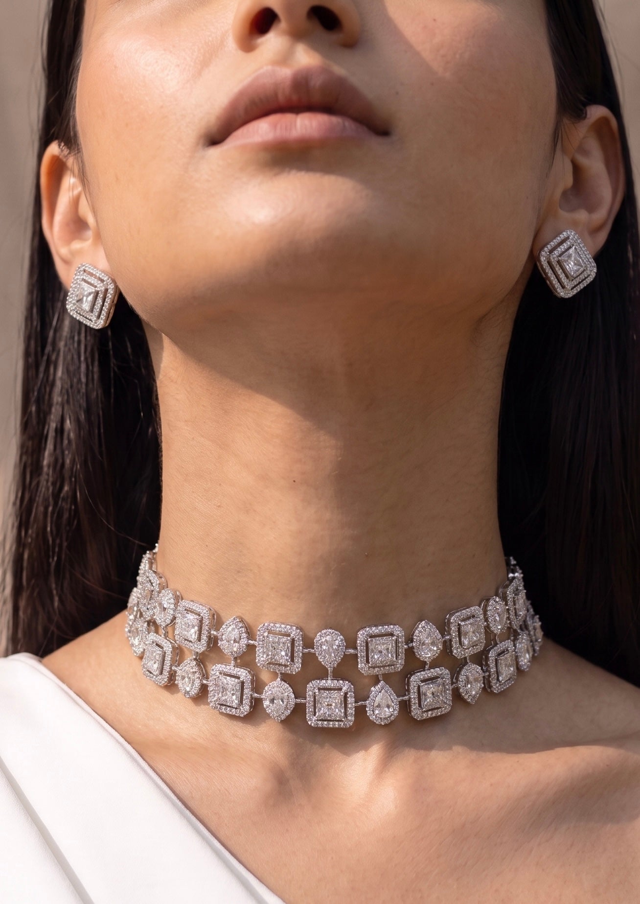 Geometric Halo Diamond Choker &amp; Earring Set
