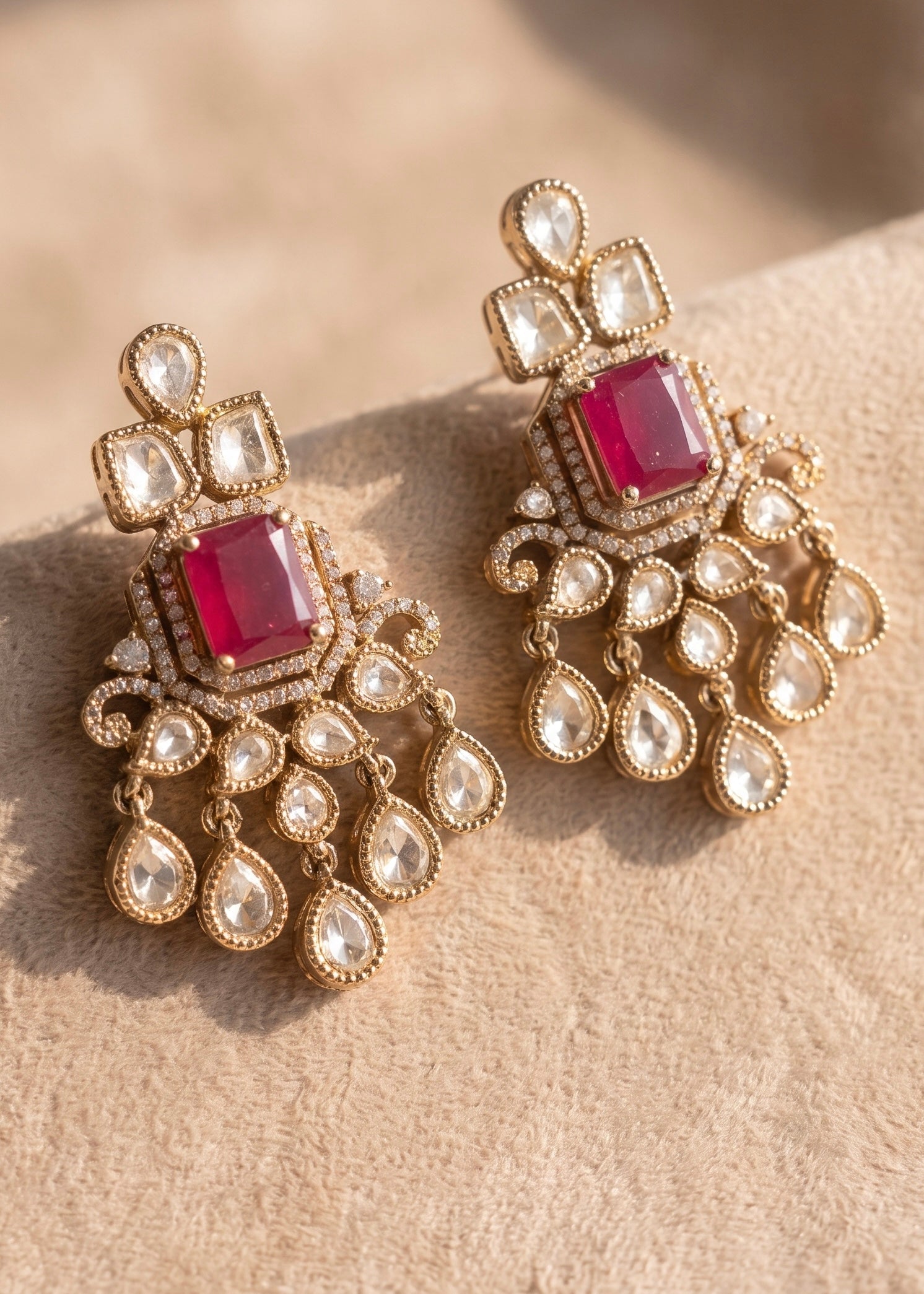 Moissanite Polki Studded Double Layer Ruby Necklace Set
