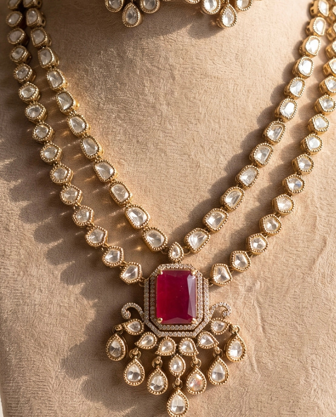 Moissanite Polki Studded Double Layer Ruby Necklace Set