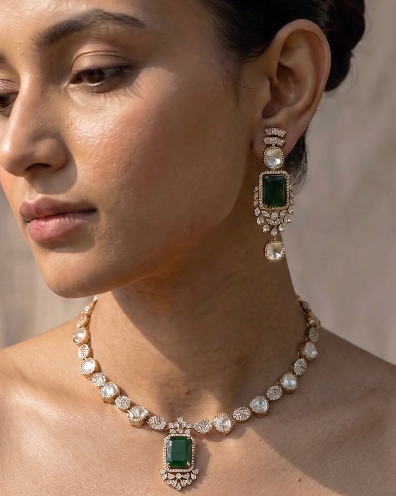 Exquisite Sparkling Moissanite Polki Necklace Ensemble