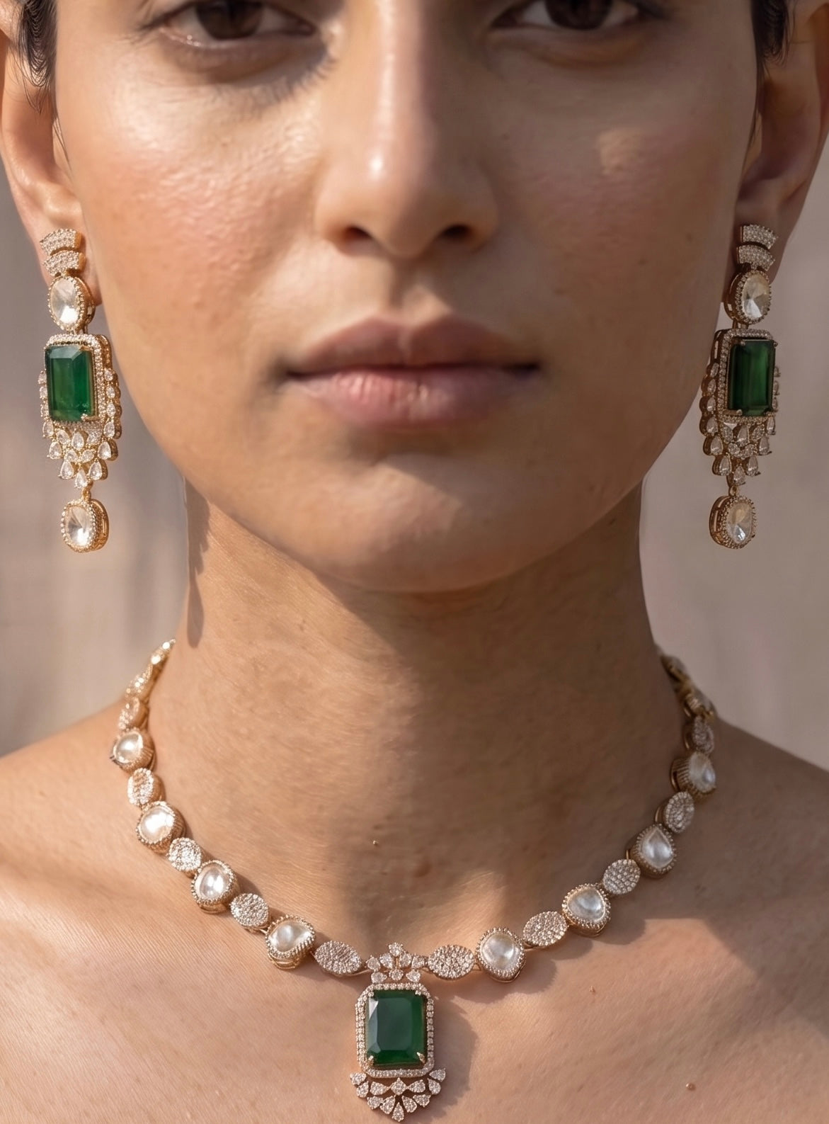 Exquisite Sparkling Moissanite Polki Necklace Ensemble