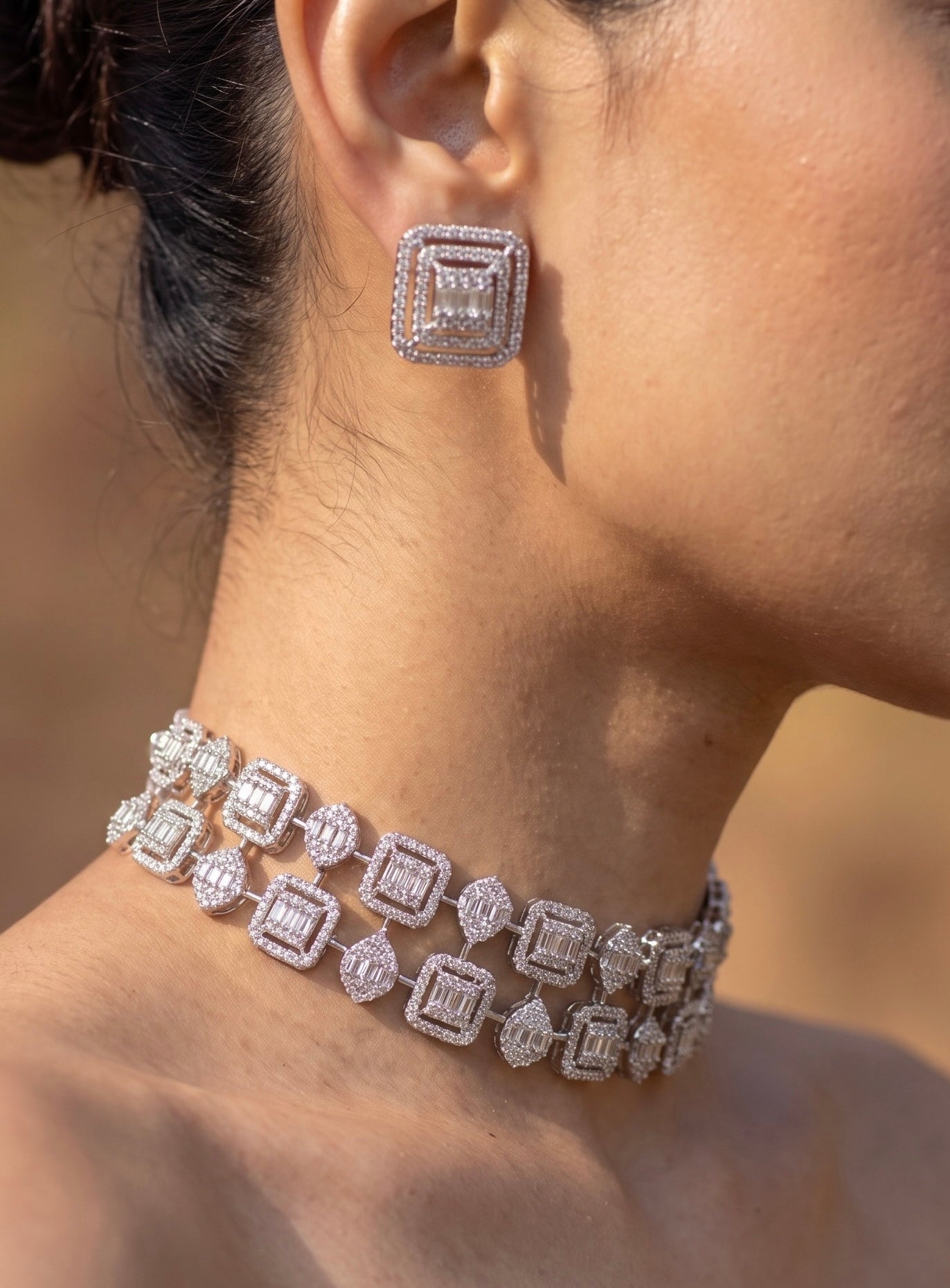Geometric Halo Diamond Choker &amp; Earring Set