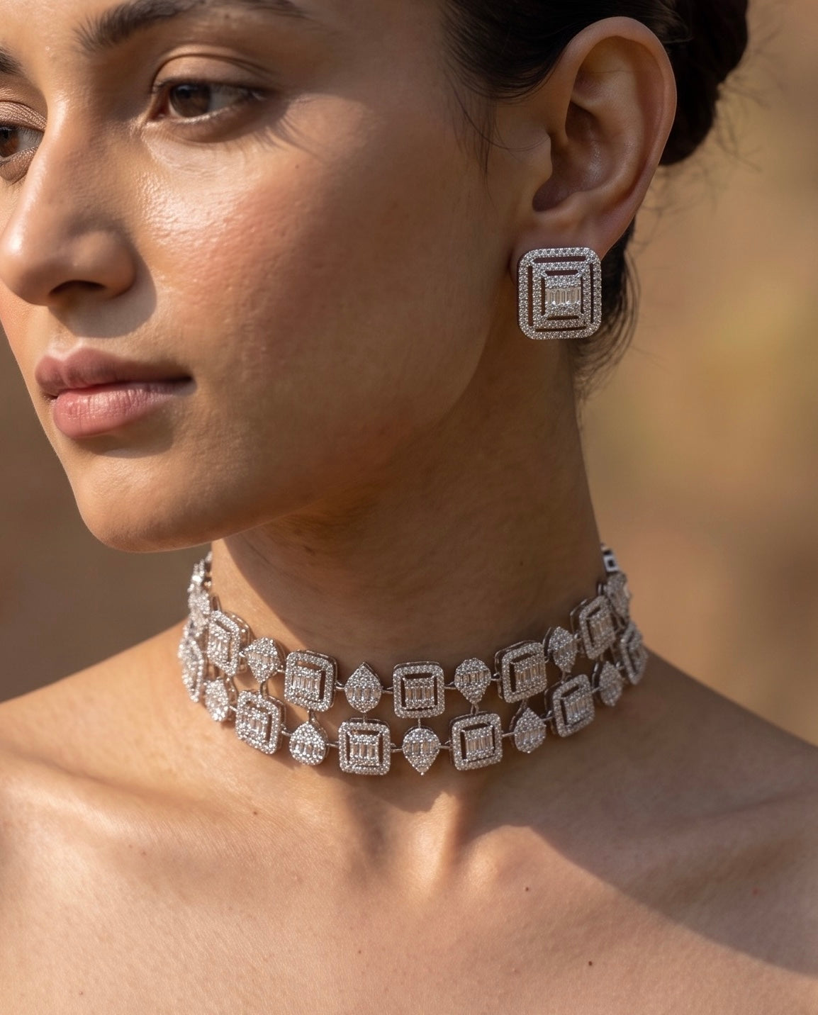 Geometric Halo Diamond Choker &amp; Earring Set