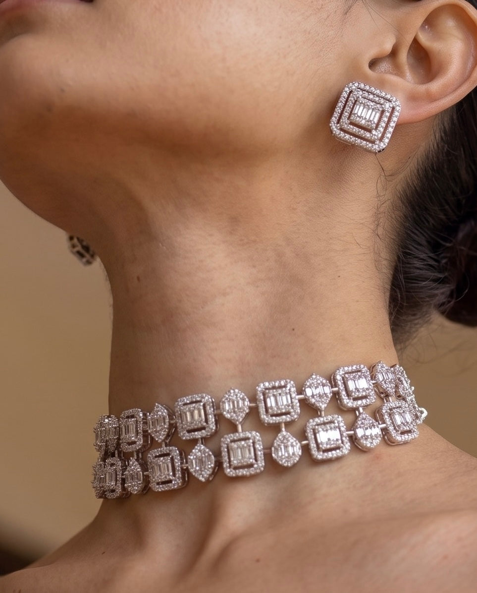 Geometric Halo Diamond Choker &amp; Earring Set