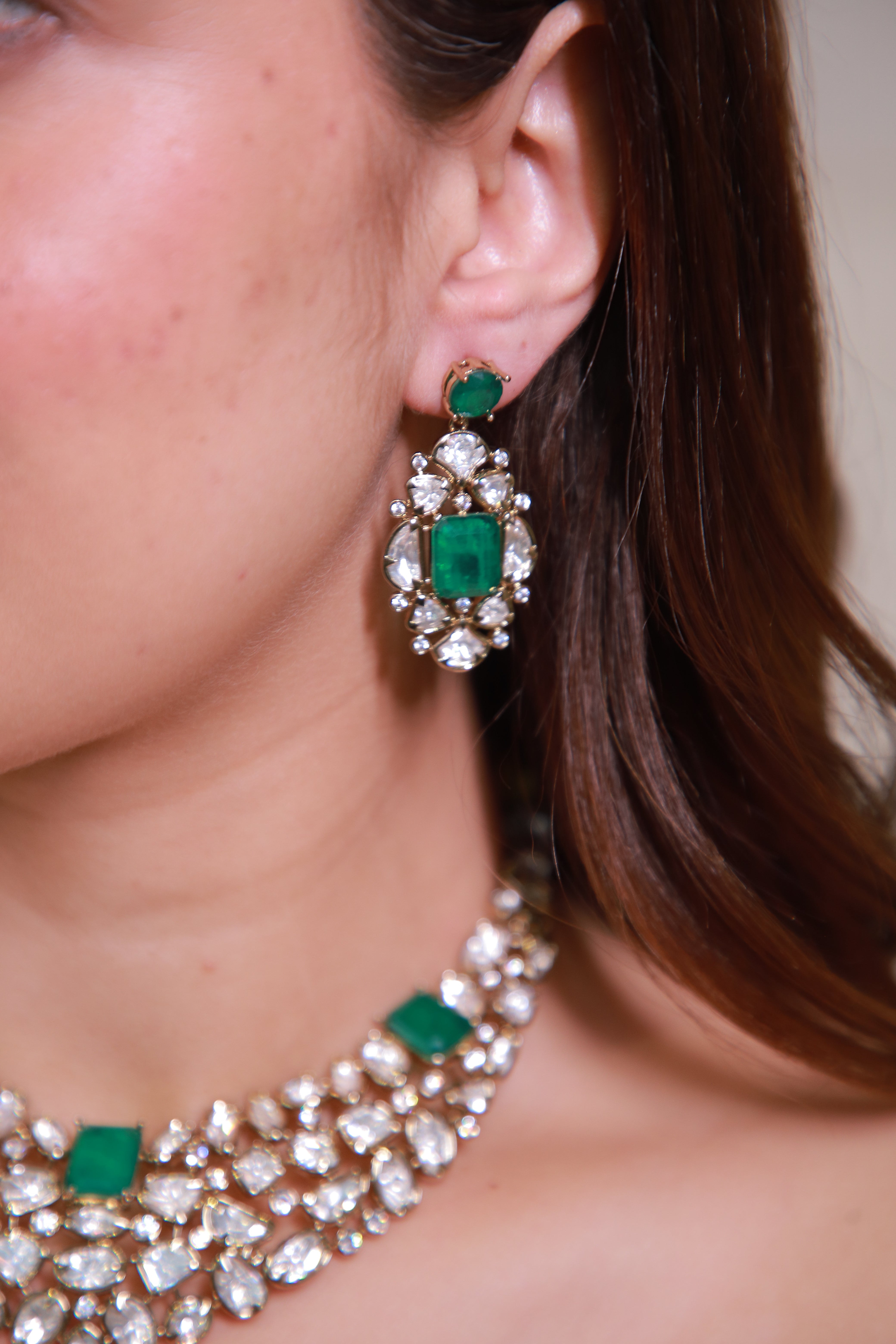 22K Mehendi Gold Plated Antique Polki Diamond Choker Necklace Set with Emerald Accents | Heritage Bridal &amp; Statement Jewellery with Matching Earrings