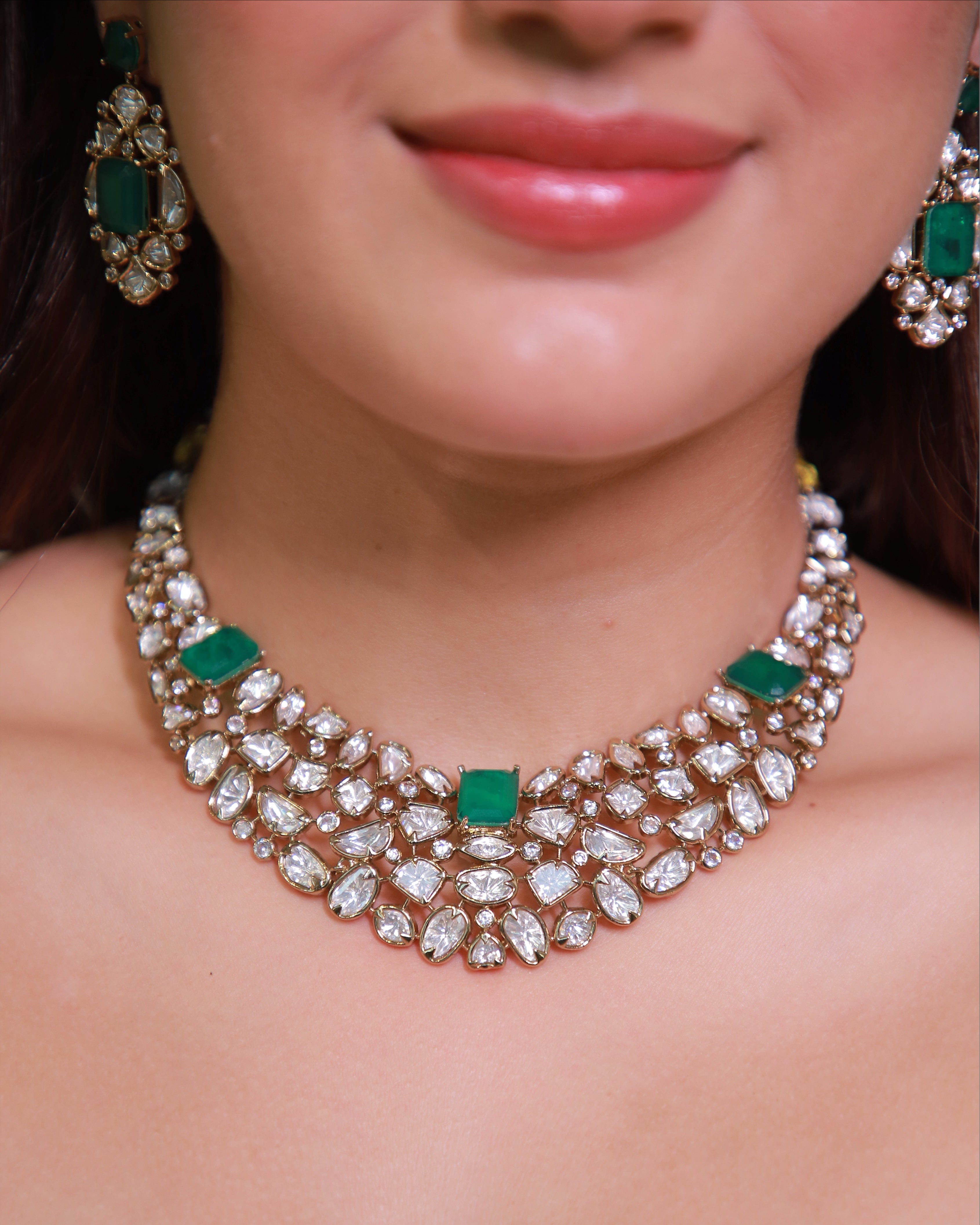 22K Mehendi Gold Plated Antique Polki Diamond Choker Necklace Set with Emerald Accents | Heritage Bridal &amp; Statement Jewellery with Matching Earrings