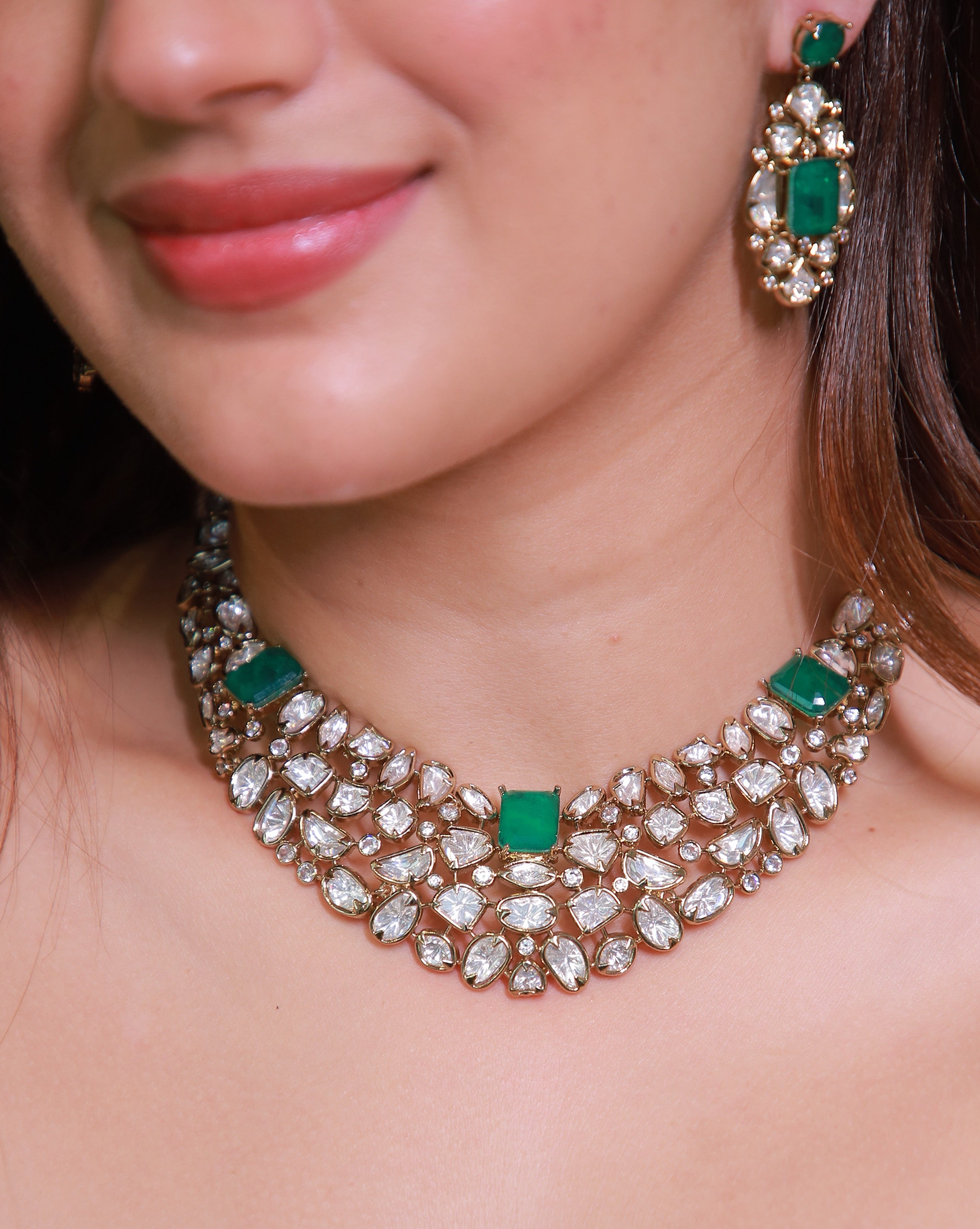 22K Mehendi Gold Plated Antique Polki Diamond Choker Necklace Set with Emerald Accents | Heritage Bridal &amp; Statement Jewellery with Matching Earrings
