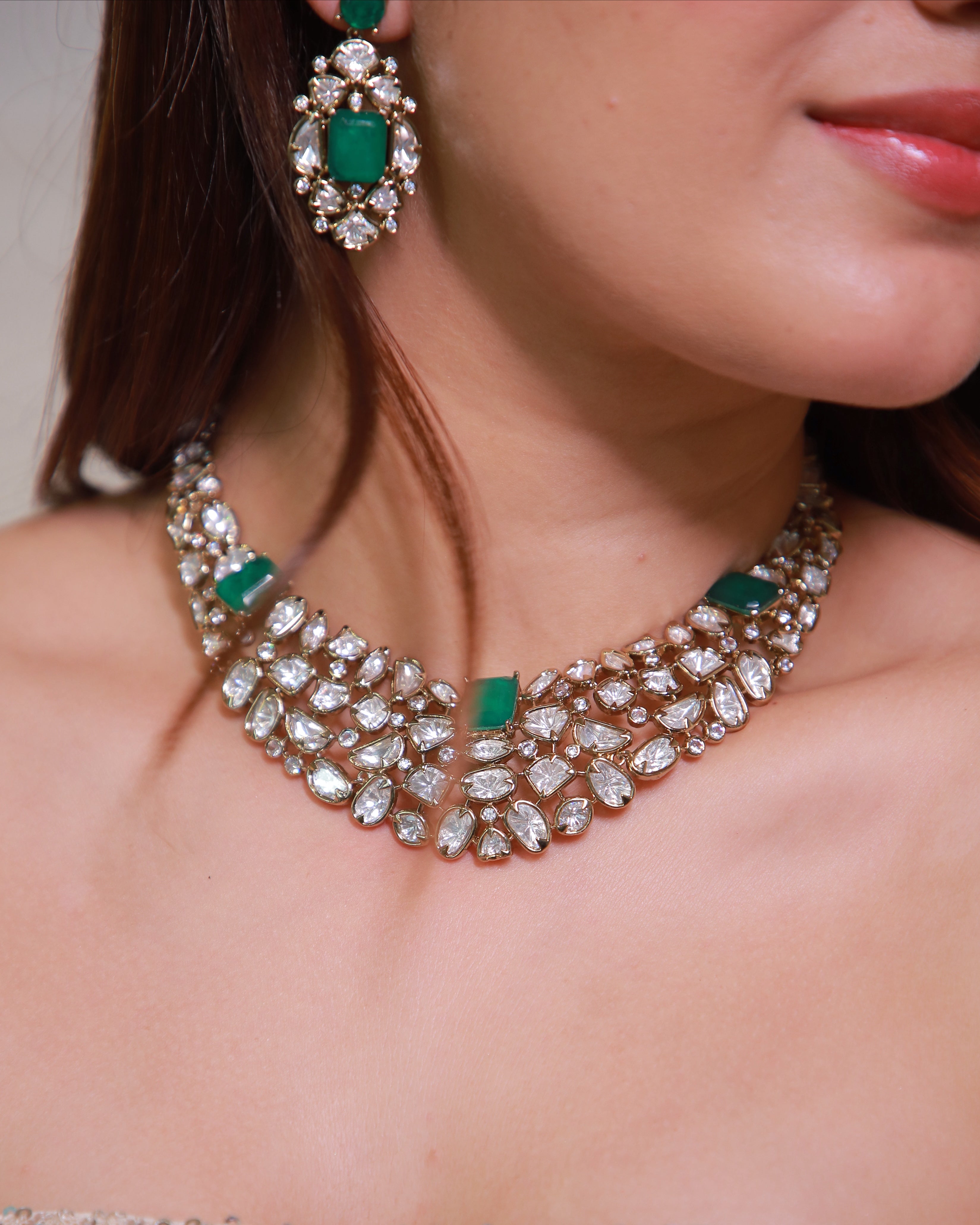 22K Mehendi Gold Plated Antique Polki Diamond Choker Necklace Set with Emerald Accents | Heritage Bridal &amp; Statement Jewellery with Matching Earrings