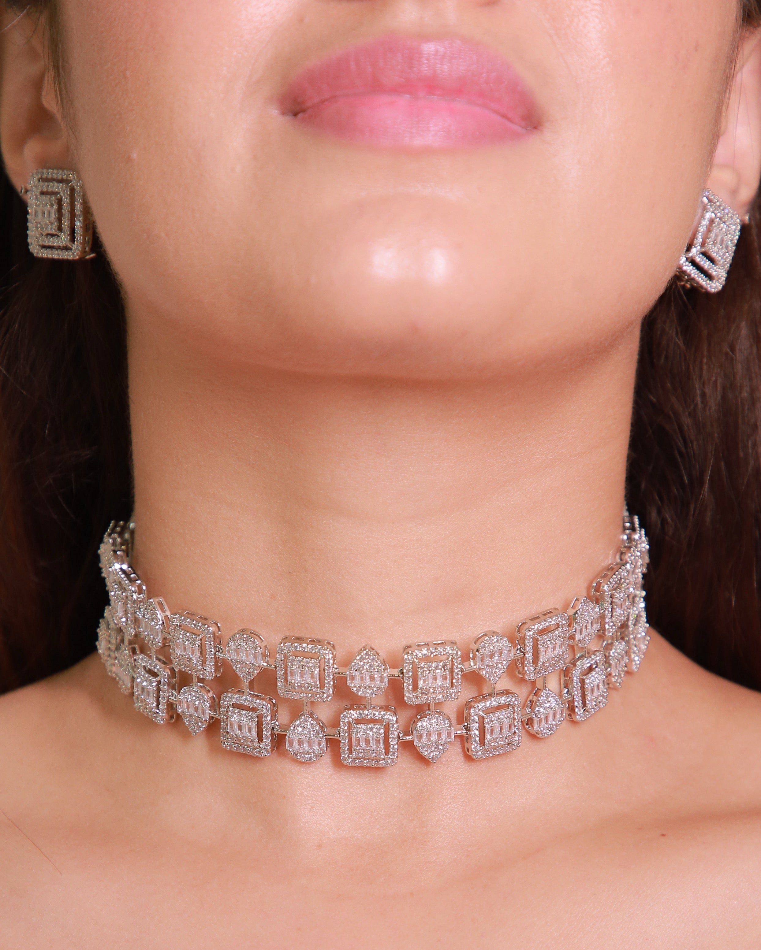 Geometric Halo Diamond Choker &amp; Earring Set