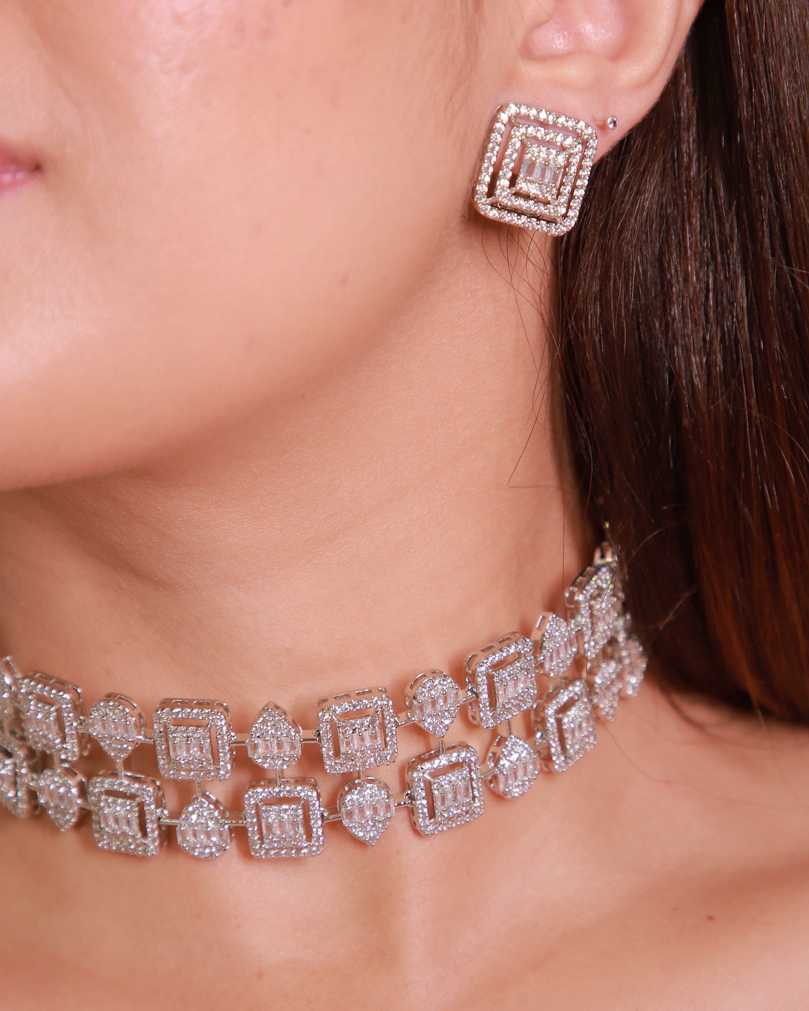 Geometric Halo Diamond Choker &amp; Earring Set