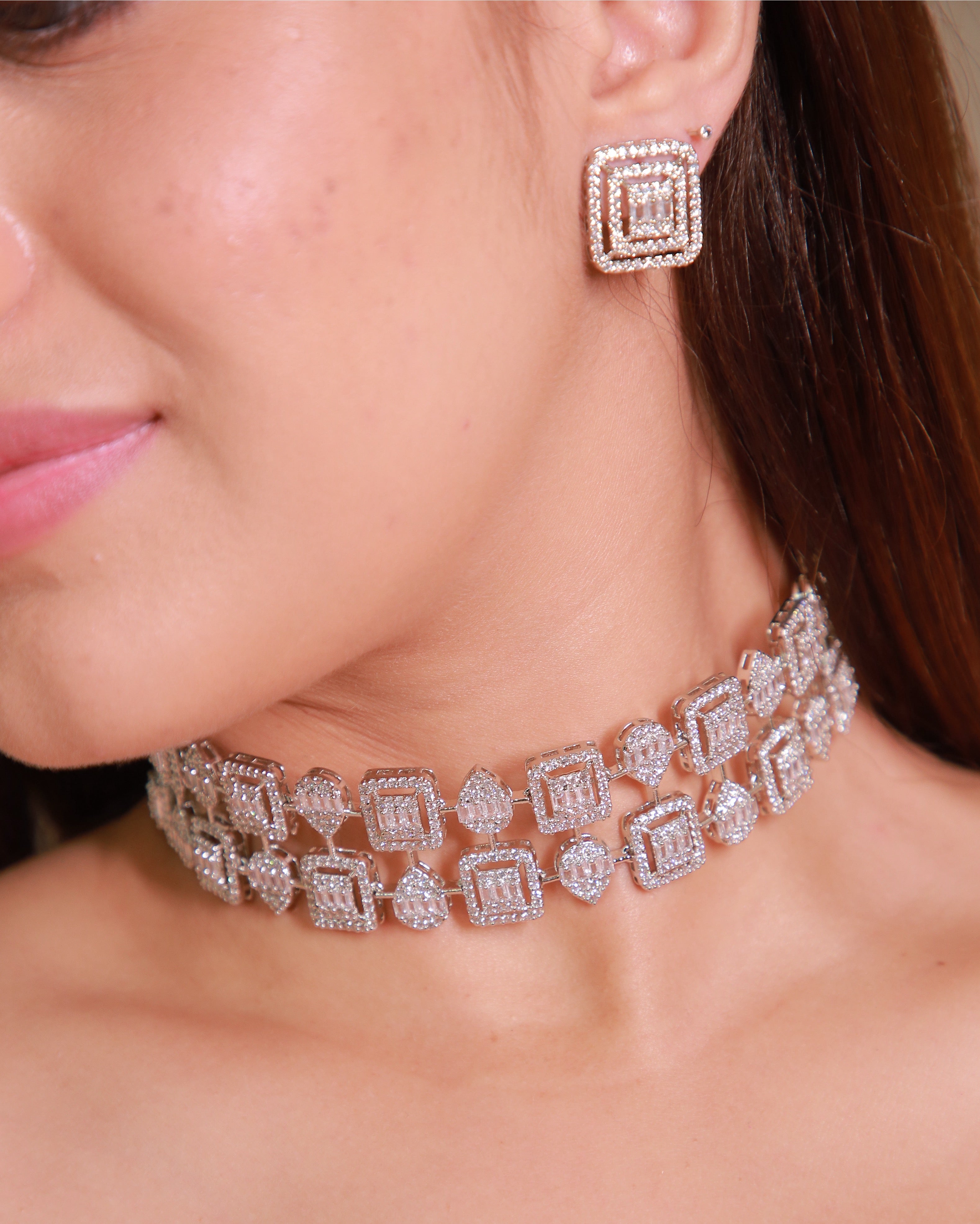 Geometric Halo Diamond Choker &amp; Earring Set