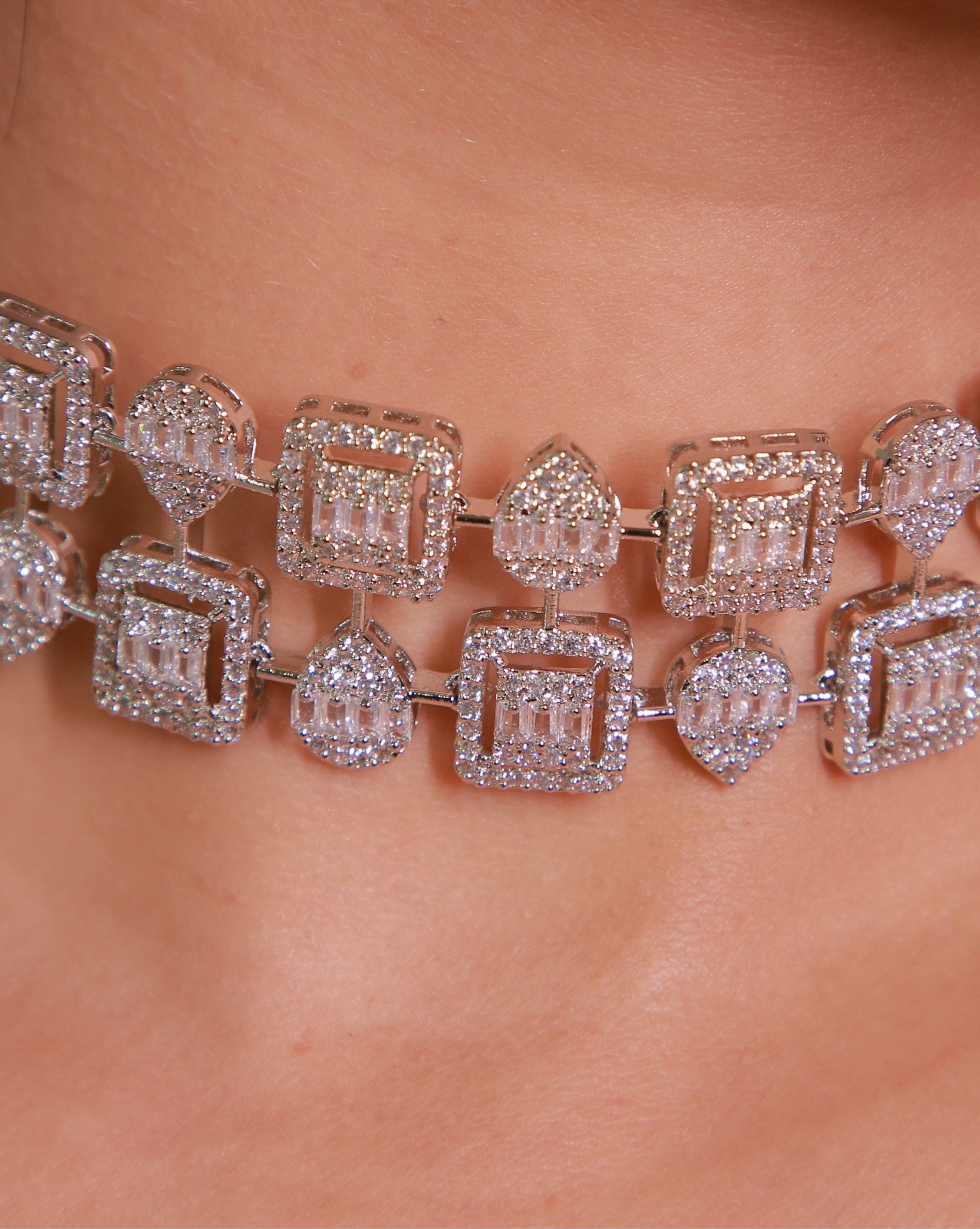 Geometric Halo Diamond Choker &amp; Earring Set