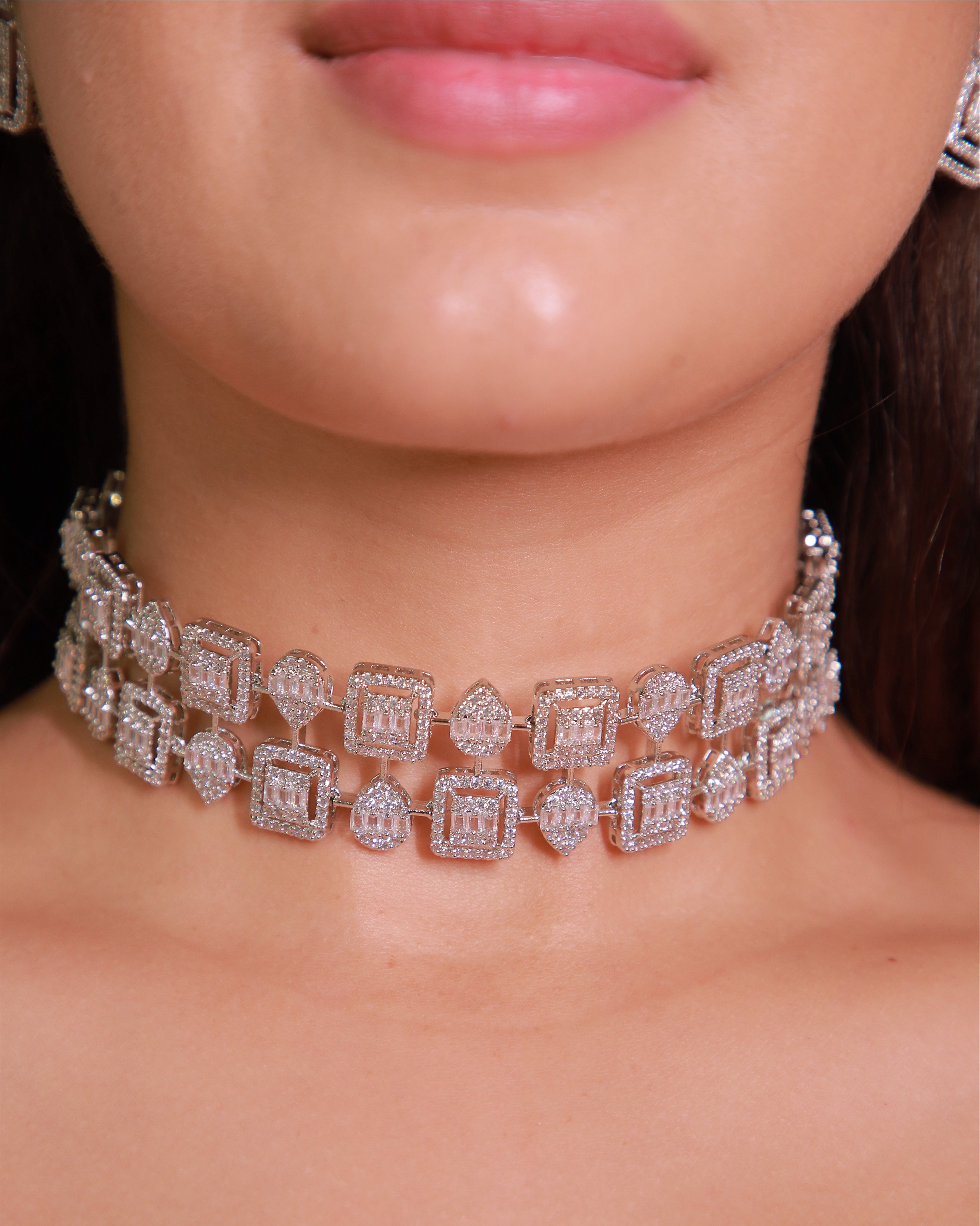 Geometric Halo Diamond Choker &amp; Earring Set