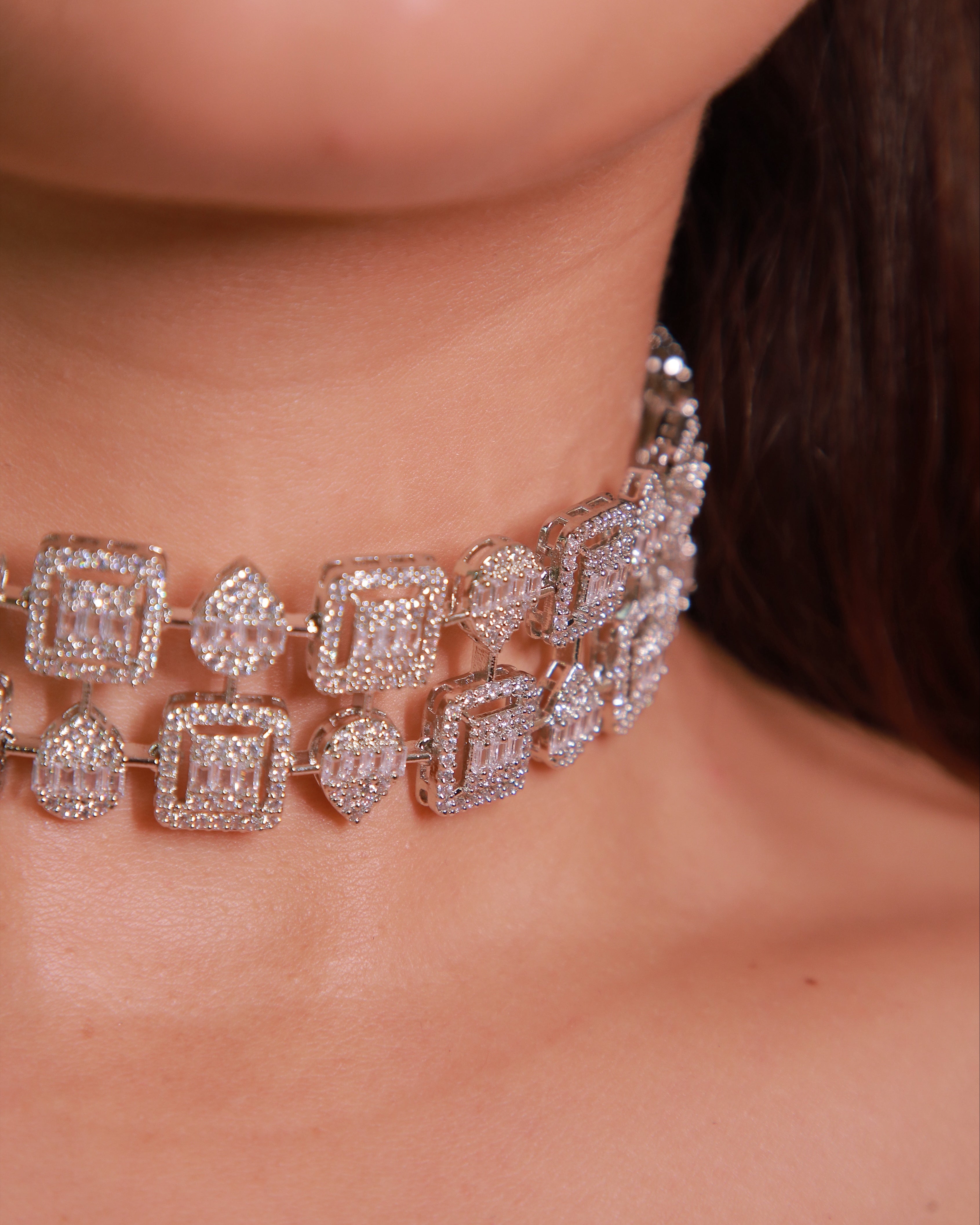Geometric Halo Diamond Choker &amp; Earring Set