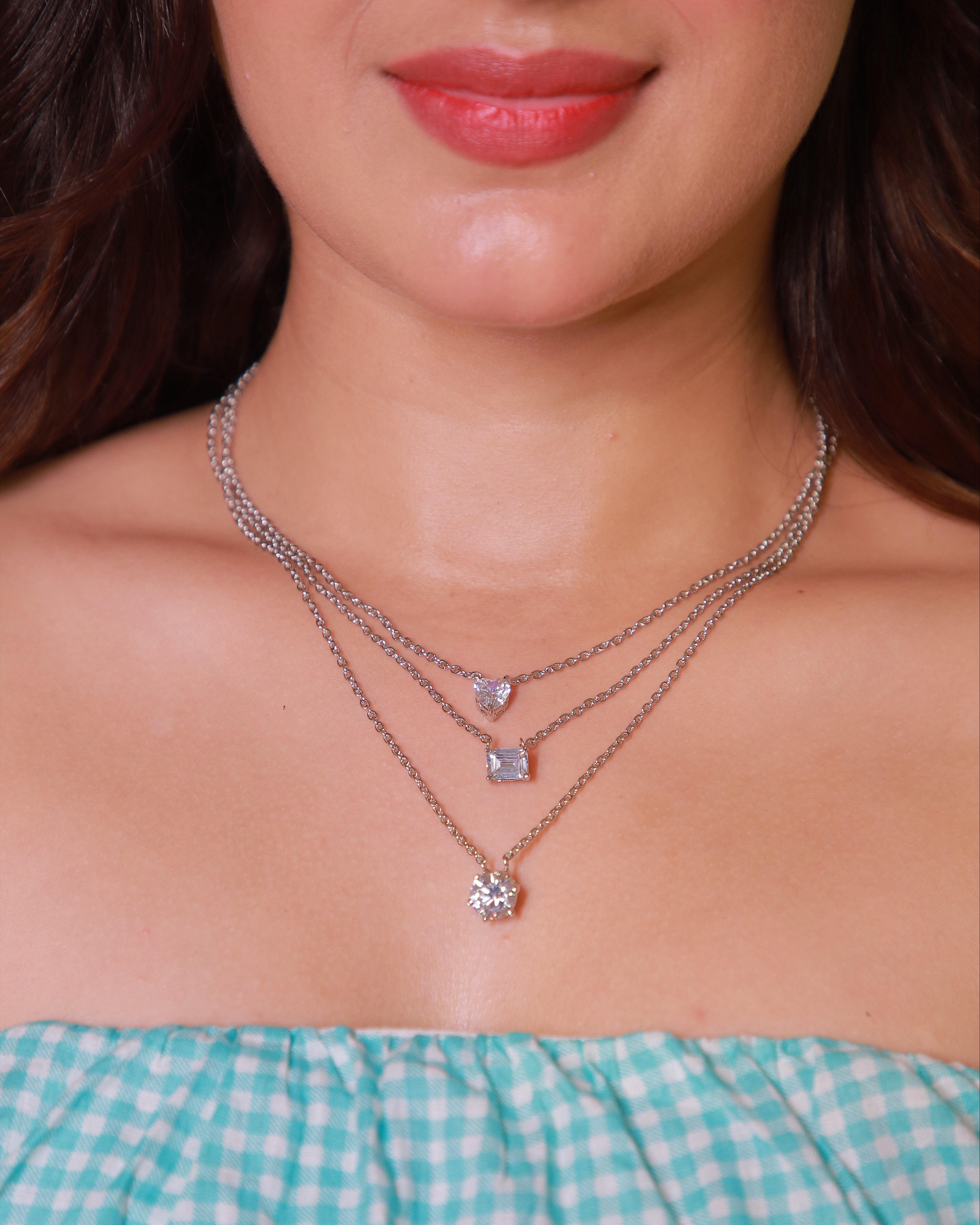 Triple Layer Diamond Solitaire Necklace Set | Heart, Emerald &amp; Round Cut Pendant Necklace with Matching Stud Earrings