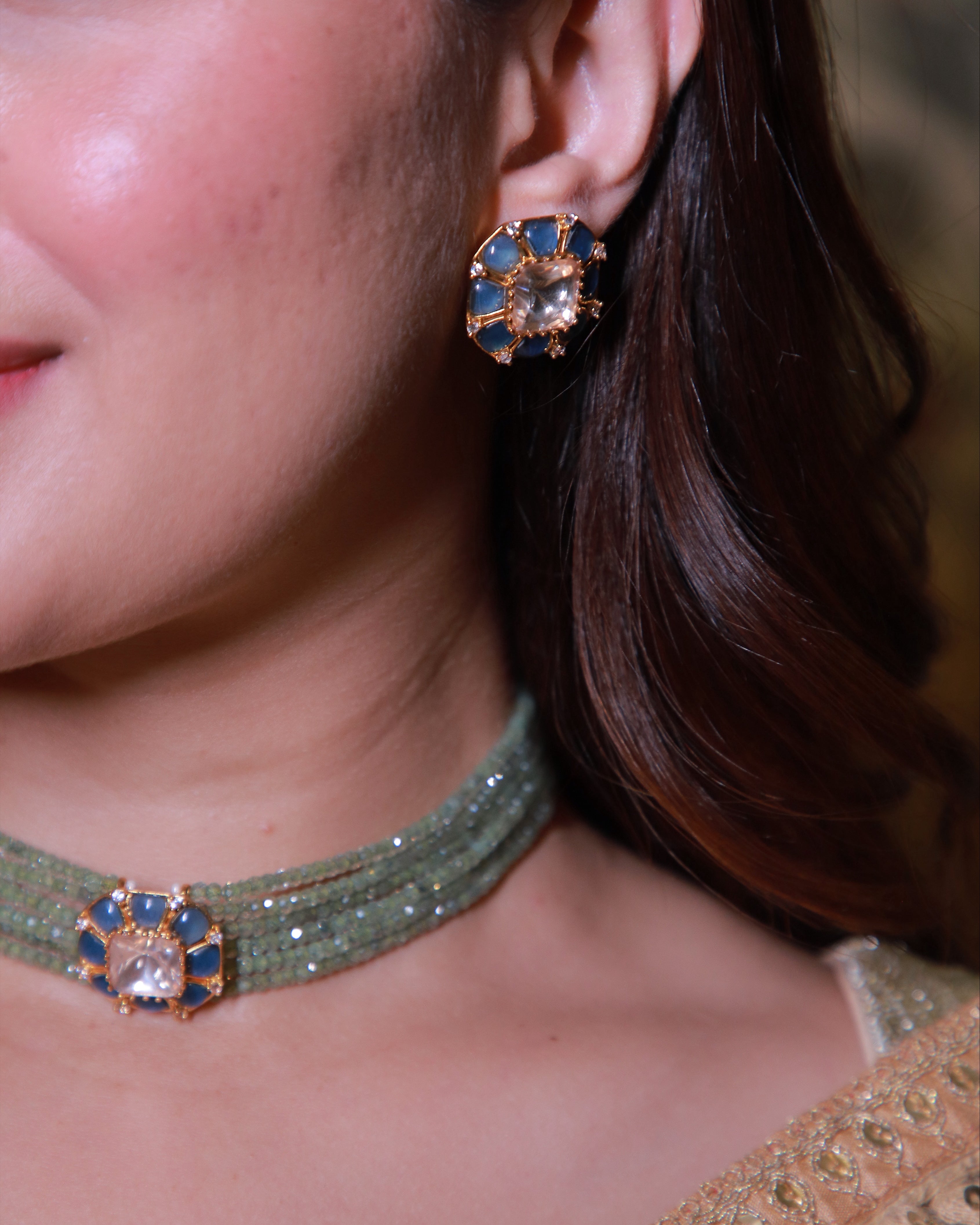 Green Bead Moissanite Choker Set