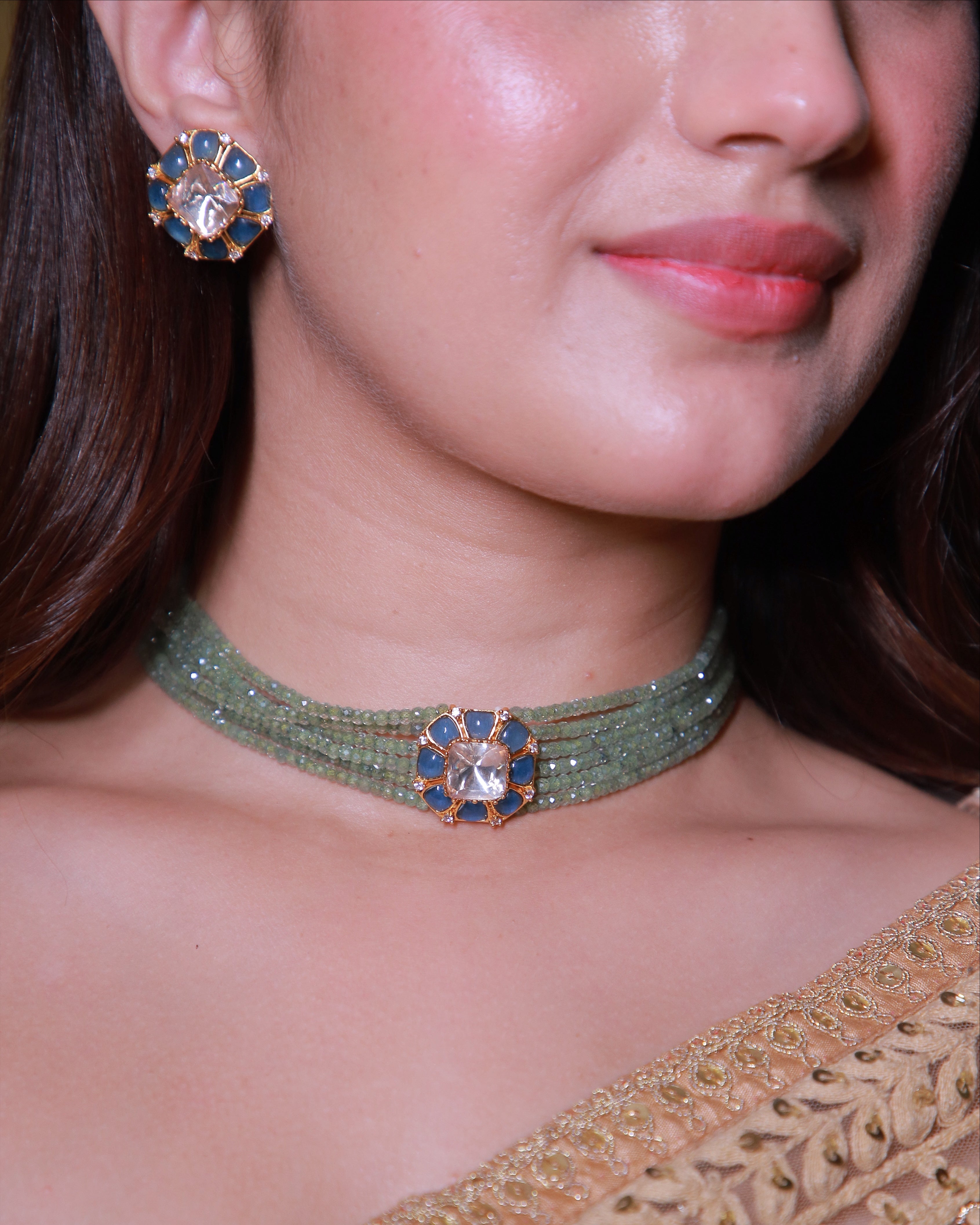Green Bead Moissanite Choker Set
