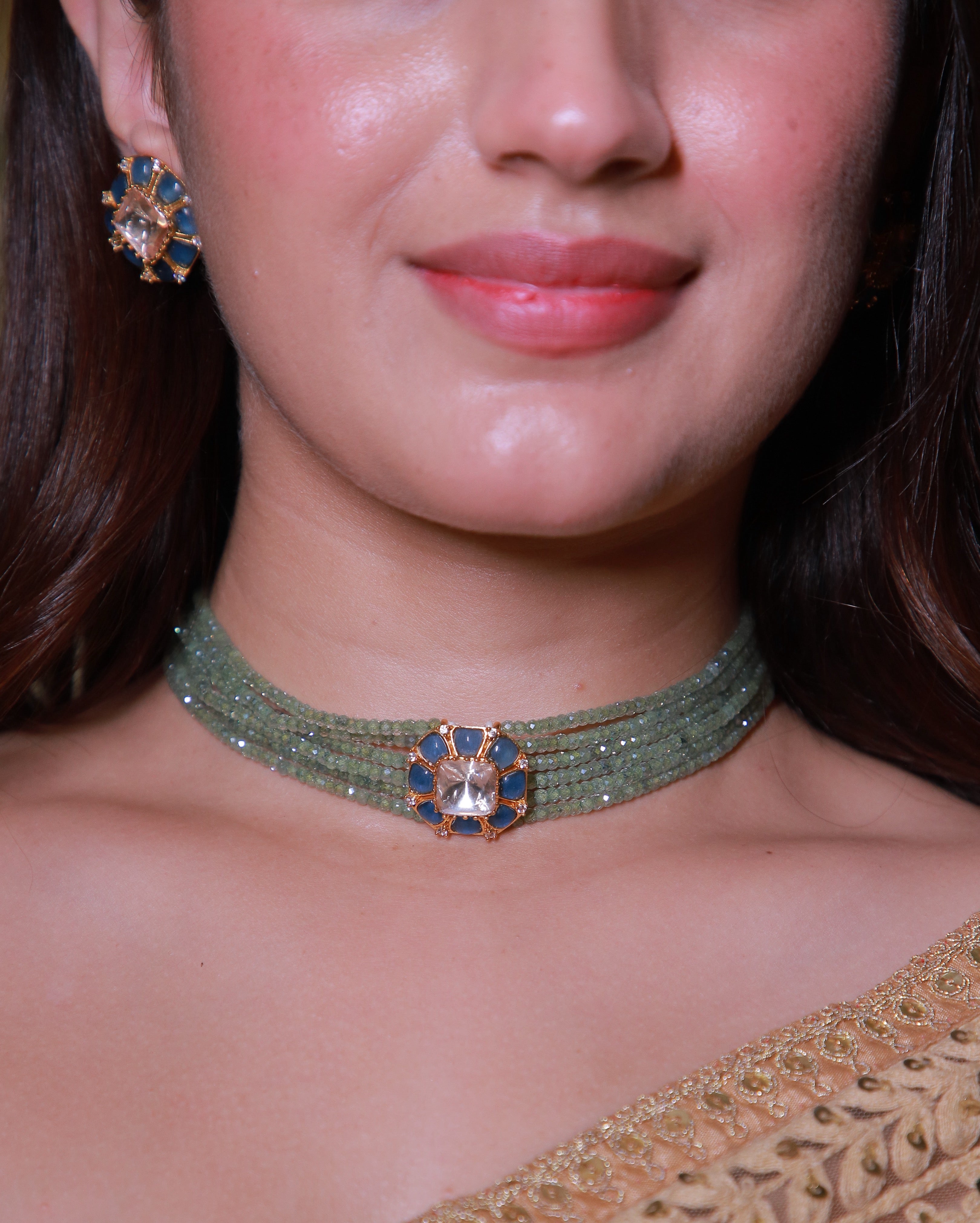 Green Bead Moissanite Choker Set