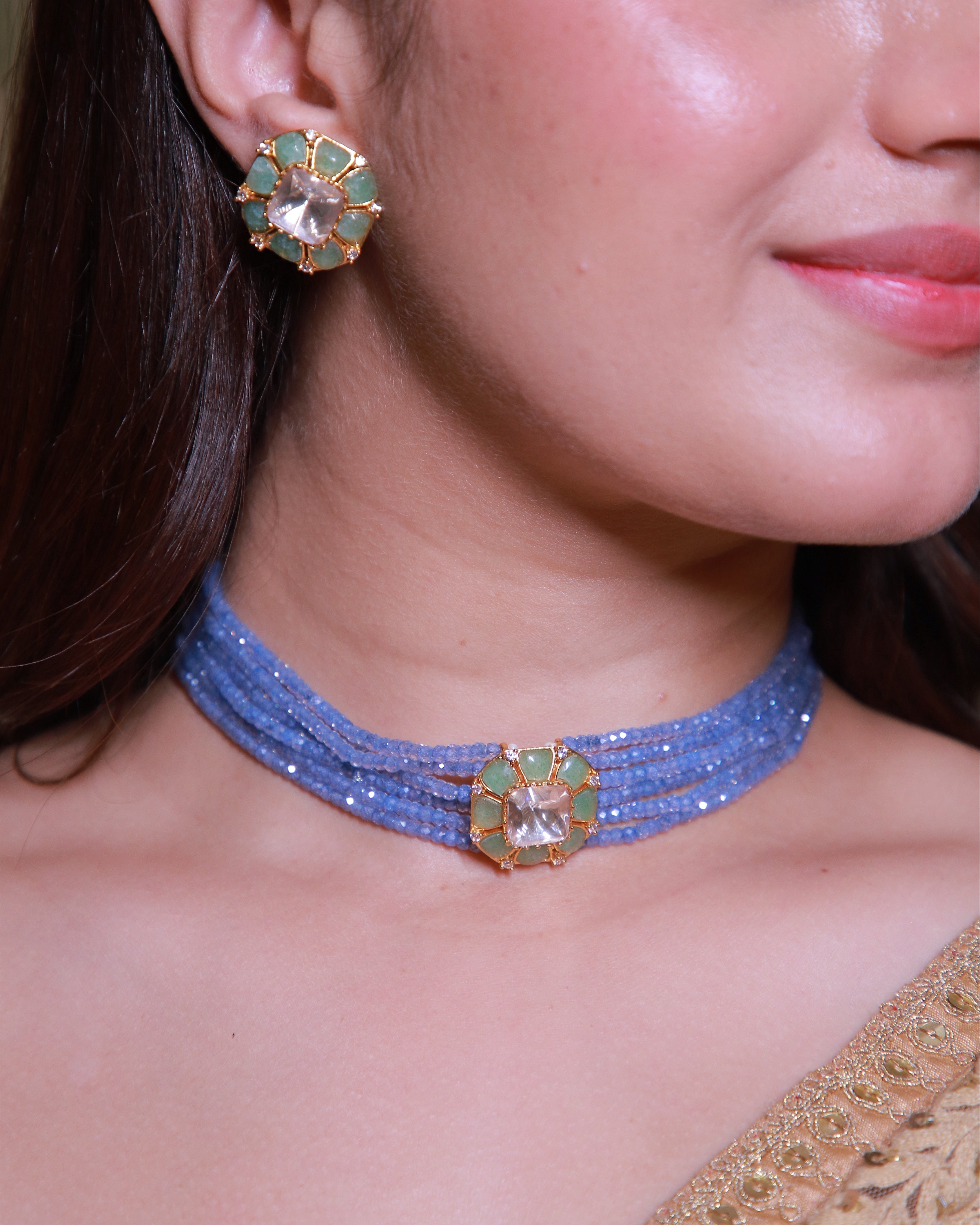 Premium Moissanite Blue Multi-Strand Choker Set with Matching Earrings