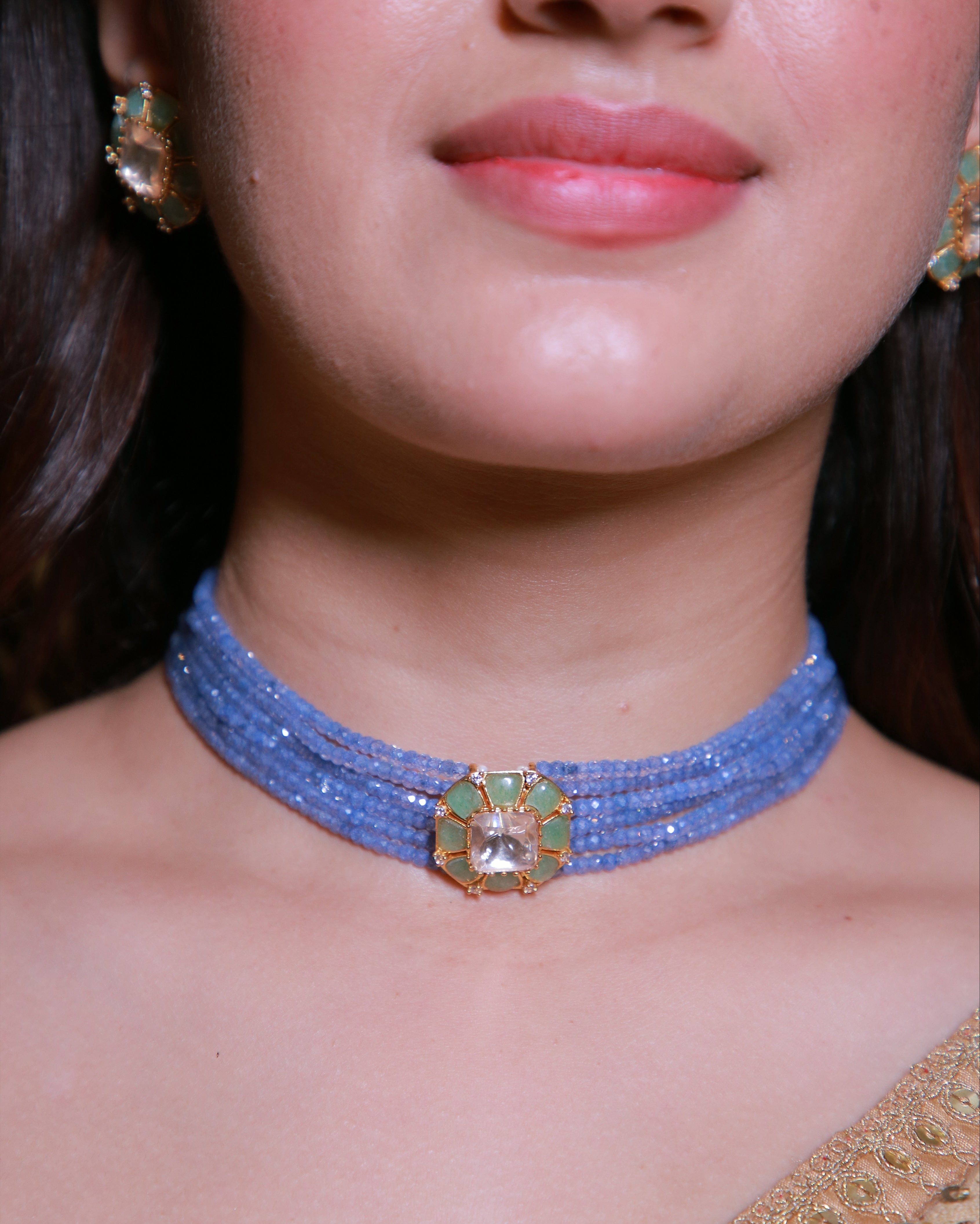 Premium Moissanite Blue Multi-Strand Choker Set with Matching Earrings