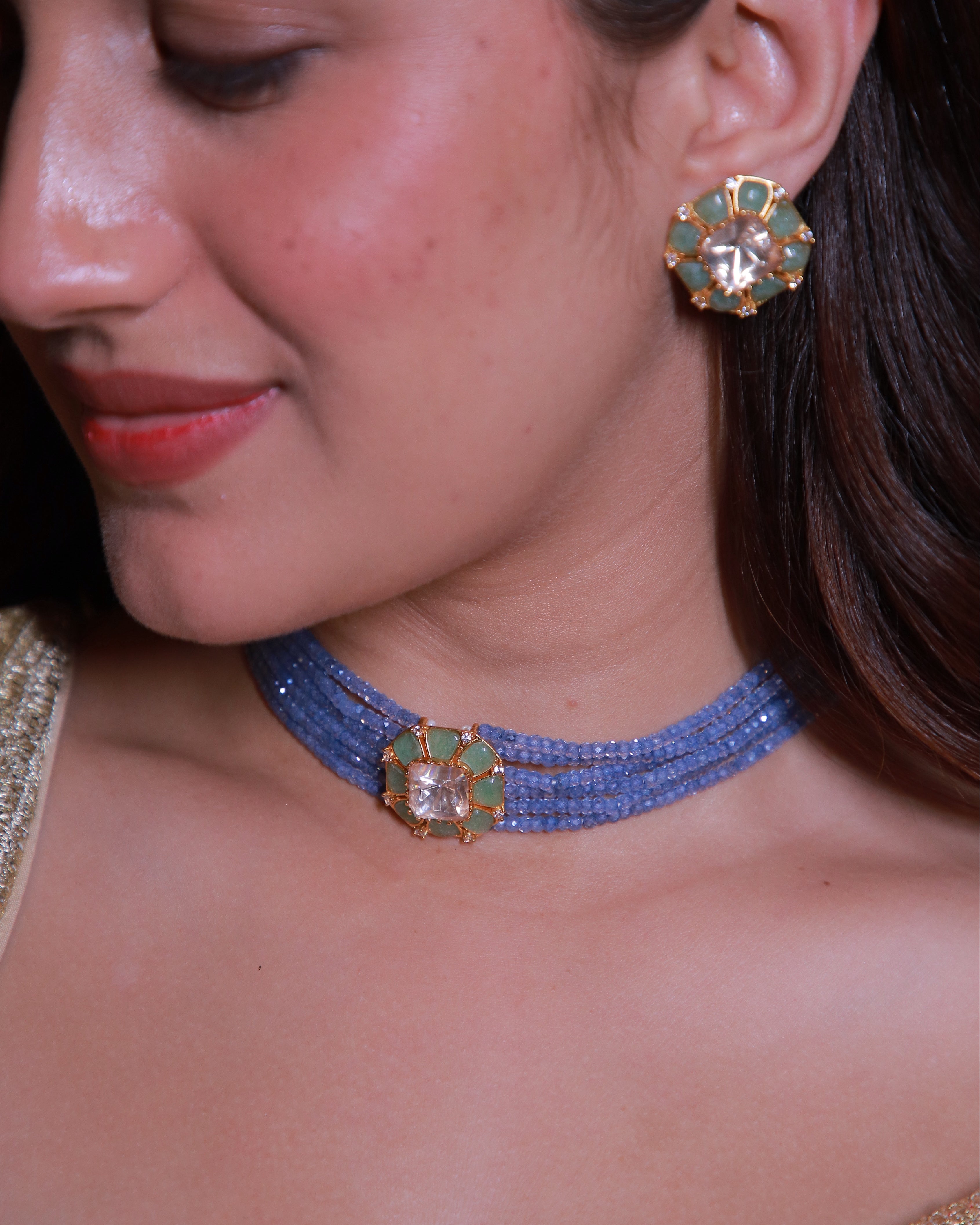 Premium Moissanite Blue Multi-Strand Choker Set with Matching Earrings
