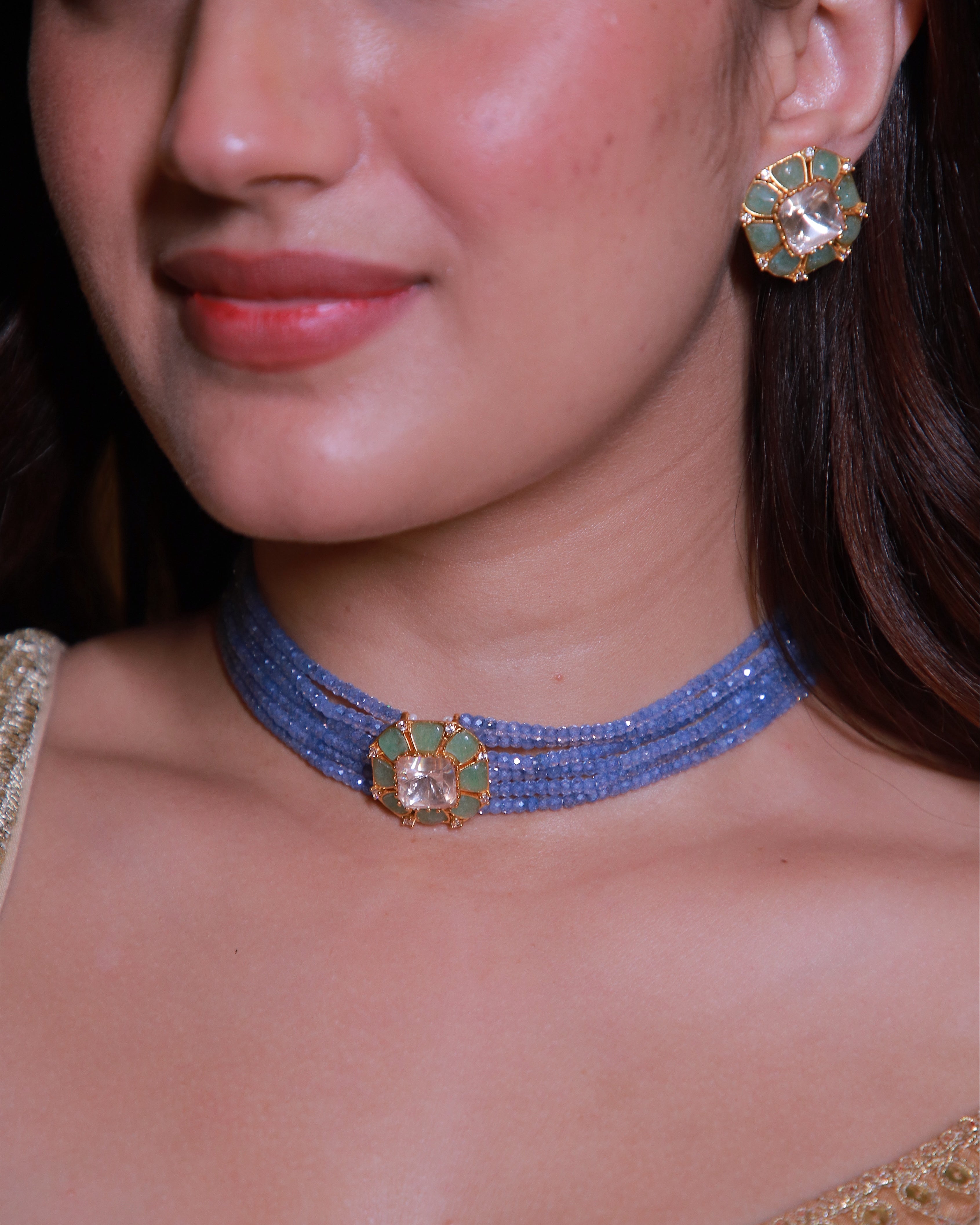 Premium Moissanite Blue Multi-Strand Choker Set with Matching Earrings