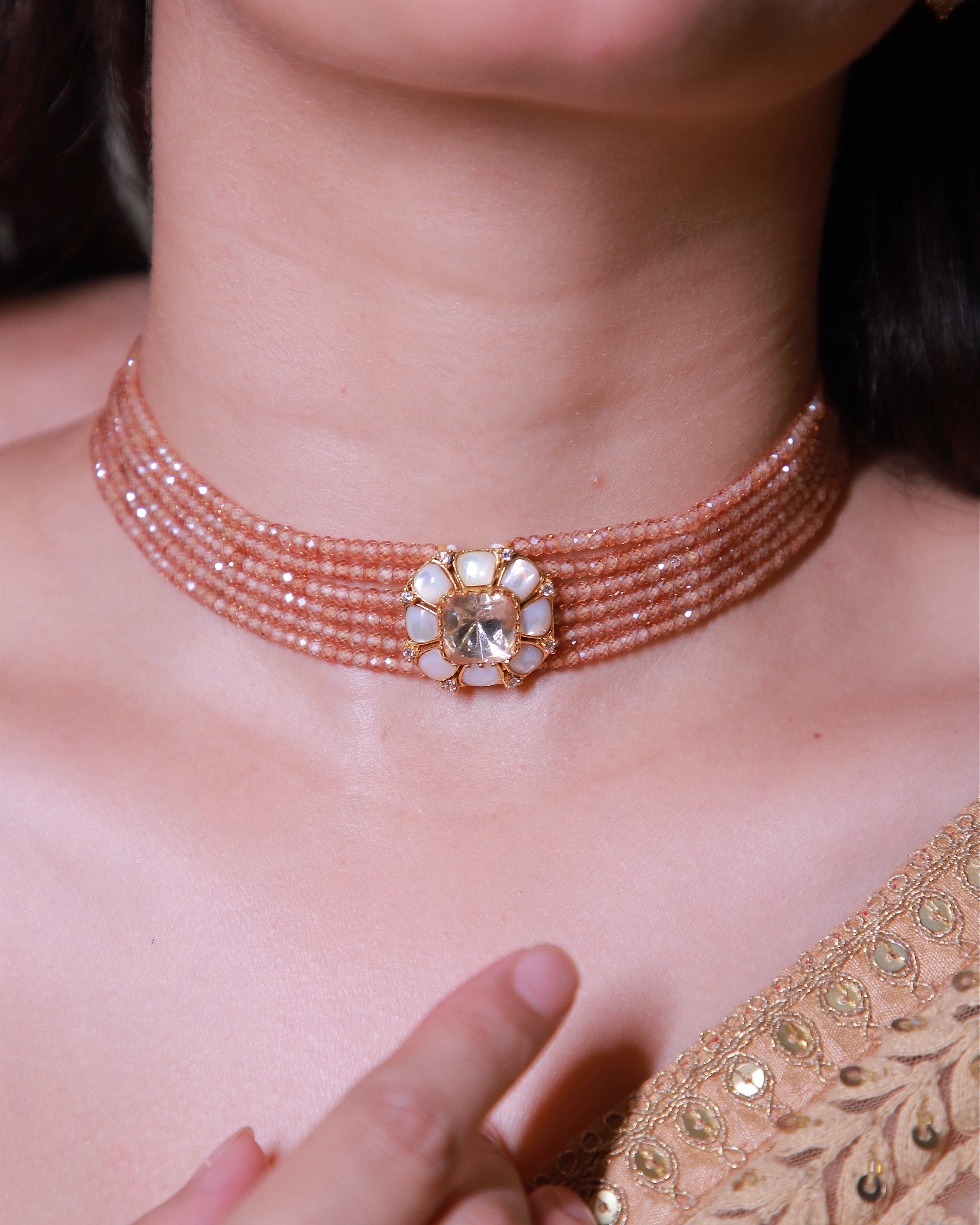 Premium Moissanite Champagne Multi-Strand Choker Set with Matching Earrings