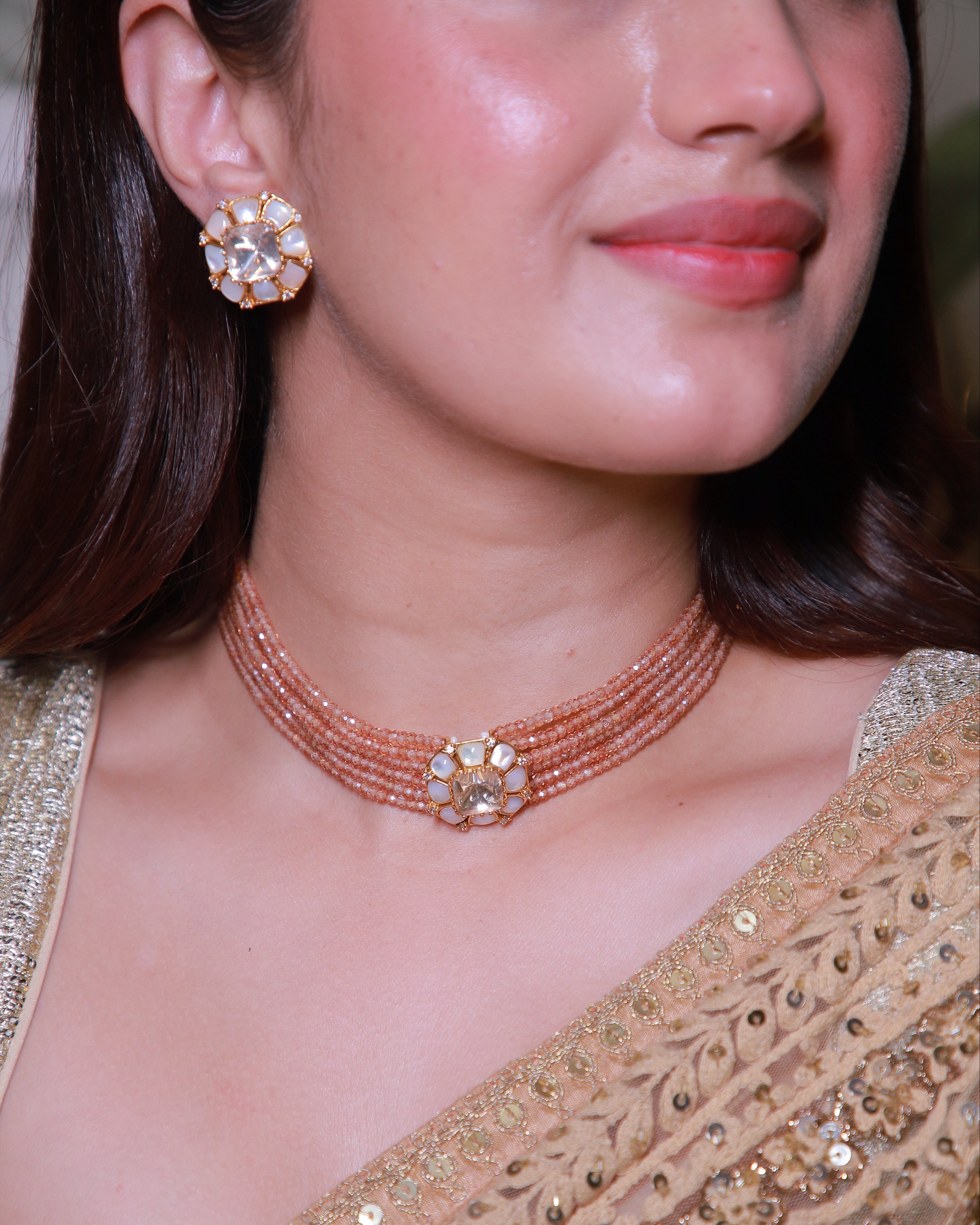 Premium Moissanite Champagne Multi-Strand Choker Set with Matching Earrings