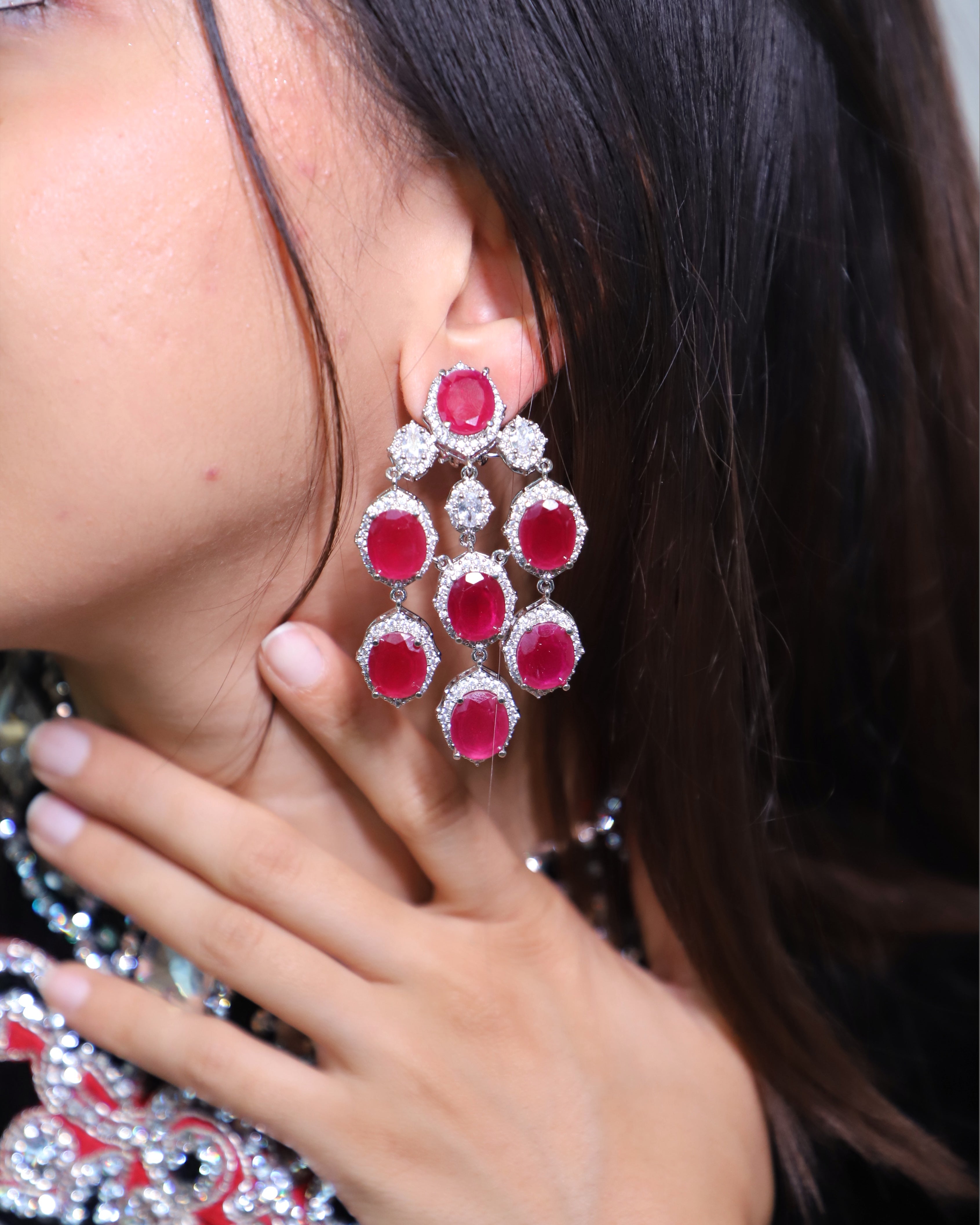 Pink American Diamond Statement Earrings