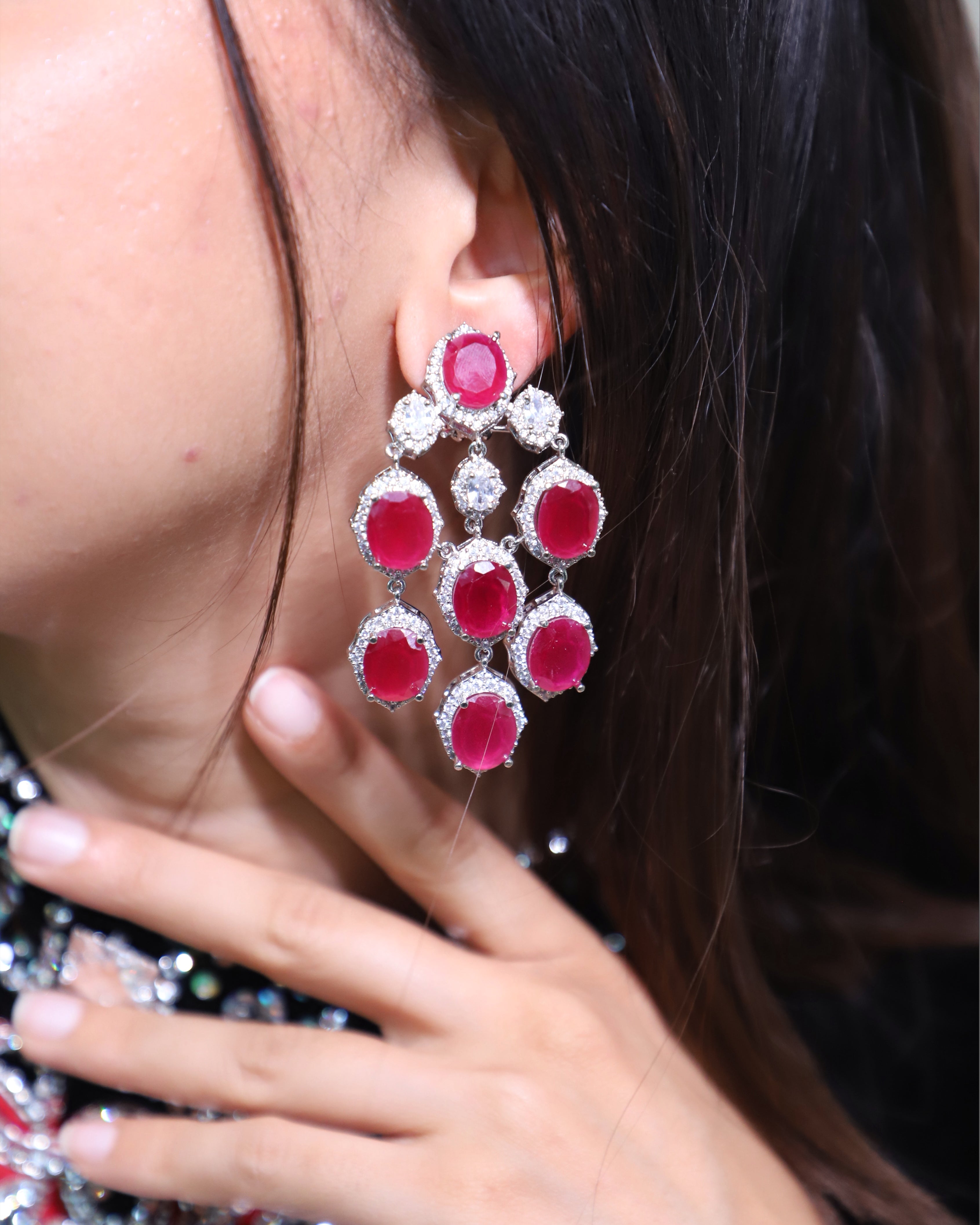 Pink American Diamond Statement Earrings