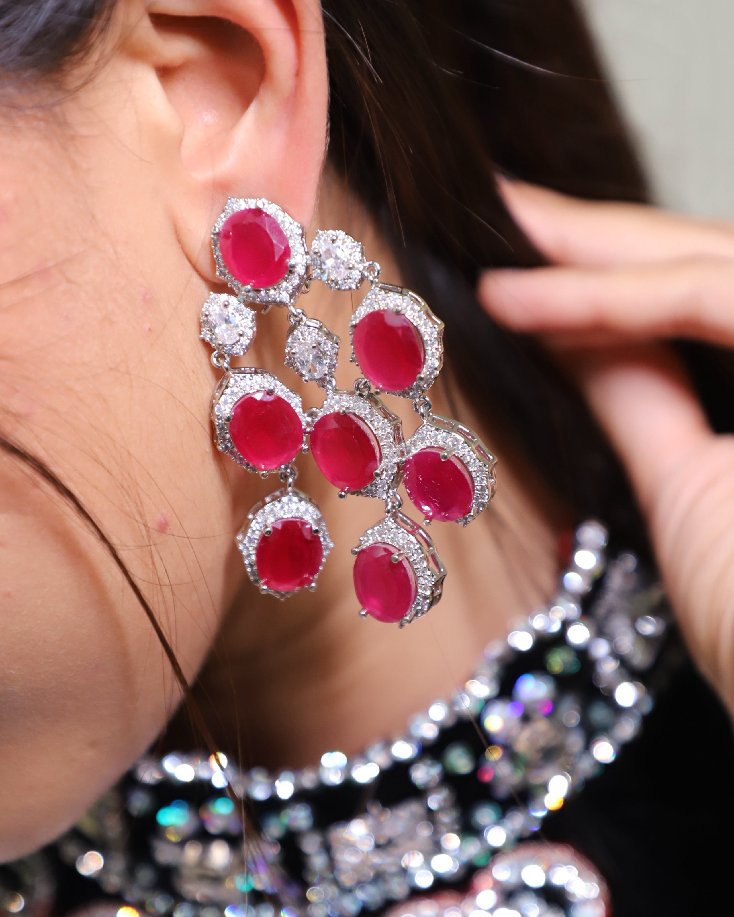 Pink American Diamond Statement Earrings