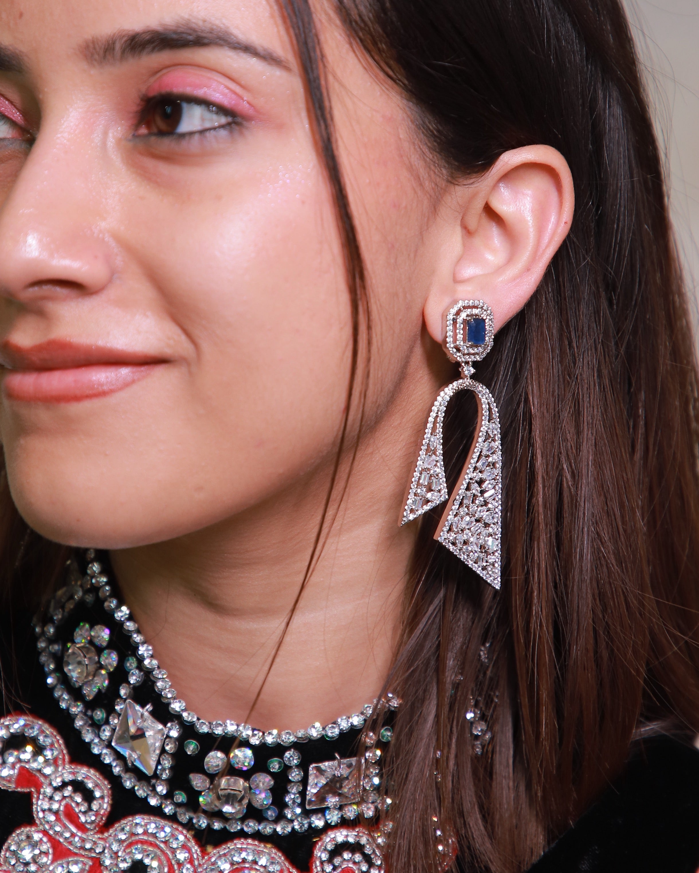 Blue American Diamond Statement Drop Earrings