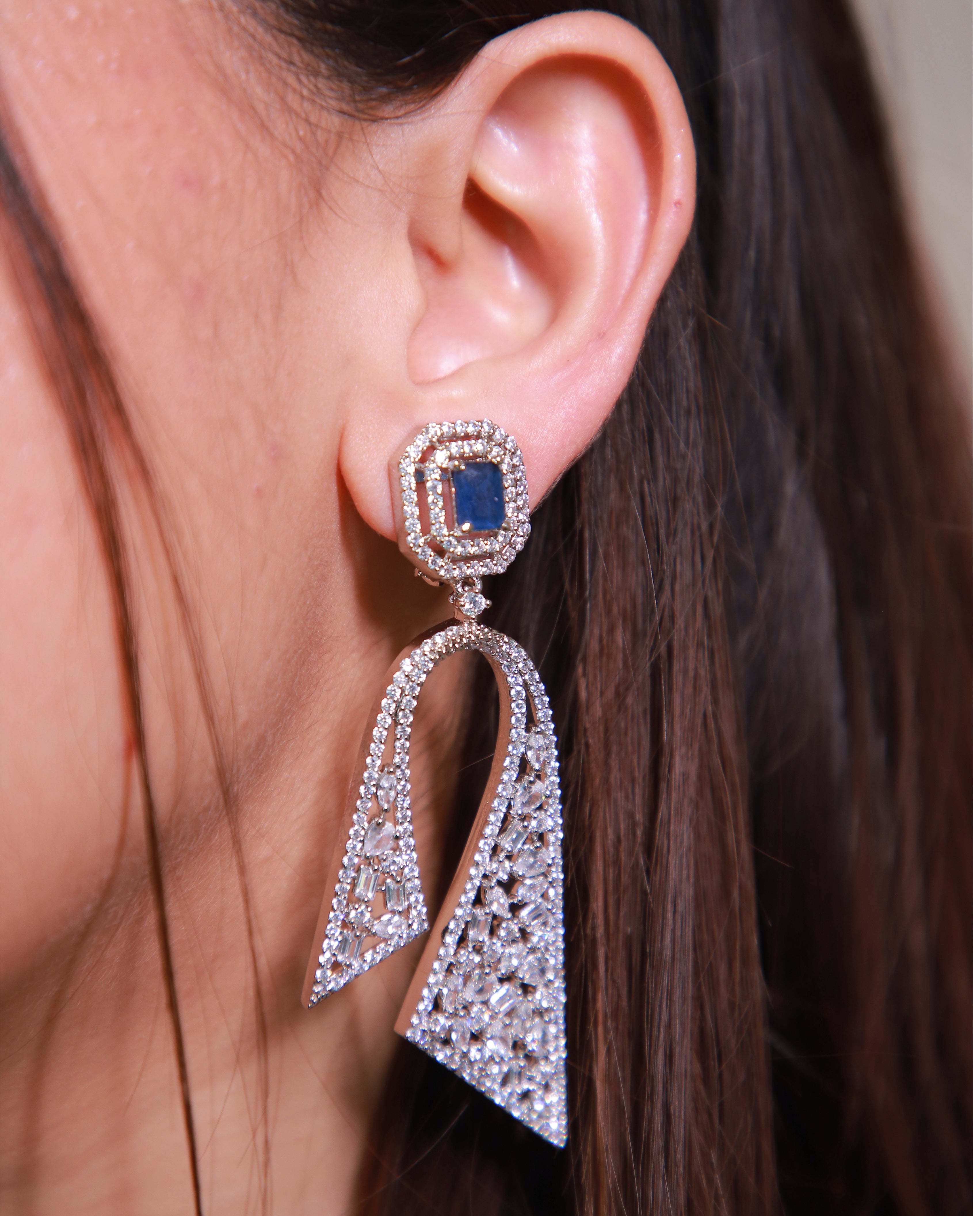 Blue American Diamond Statement Drop Earrings