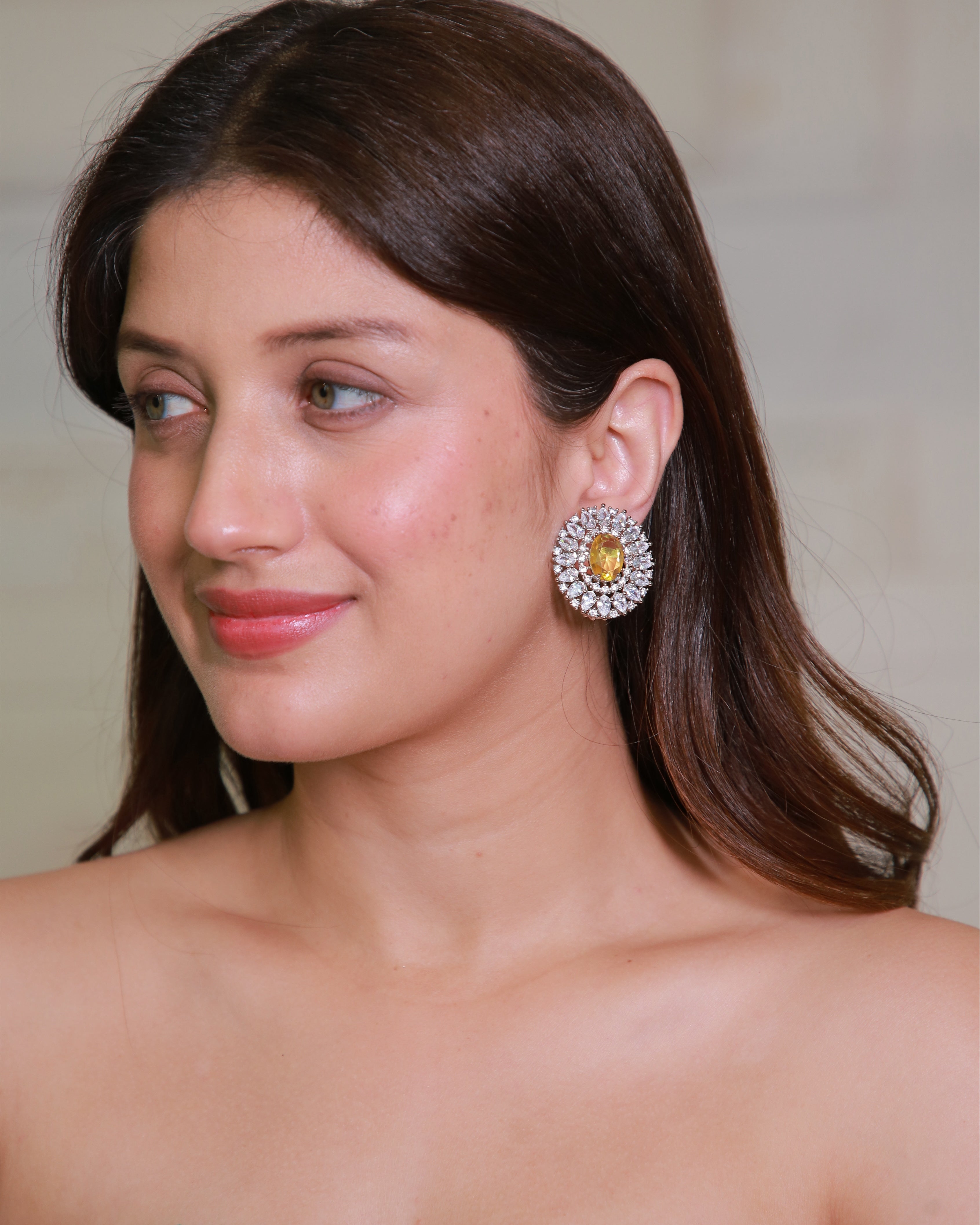 Yellow American Diamond Statement Stud Earrings