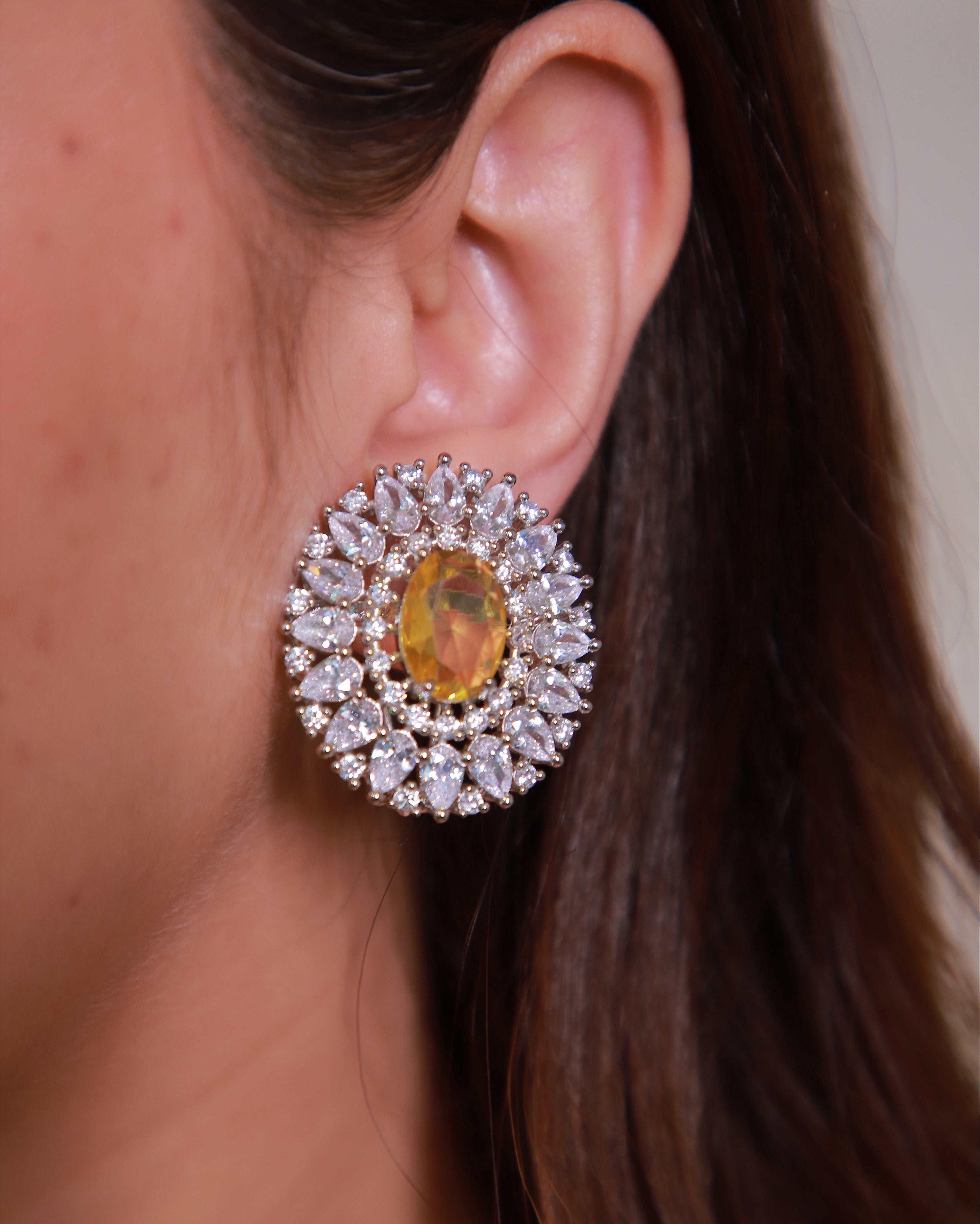 Yellow American Diamond Statement Stud Earrings