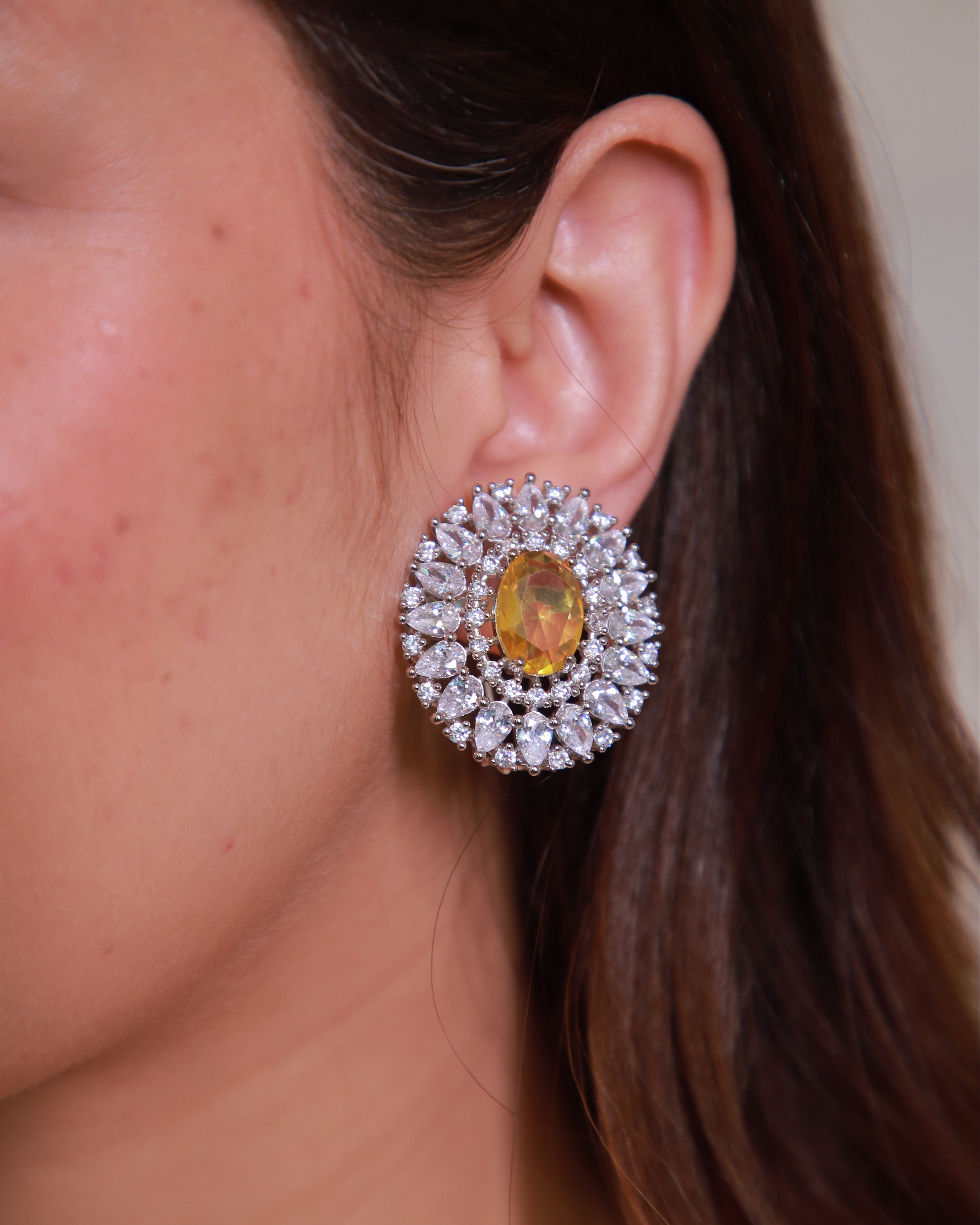 Yellow American Diamond Statement Stud Earrings
